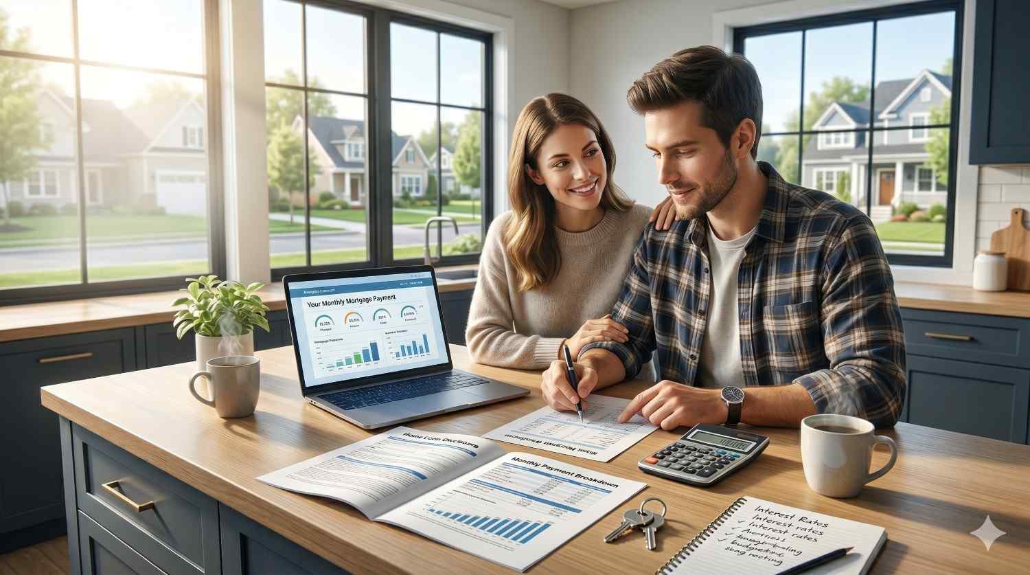 Young couple reviewing mortgage paperwork and monthly payment charts at a kitchen island. A laptop displays housing finance data while documents, a calculator, keys, and notes emphasize home budgeting, loan planning, and the homebuying process.