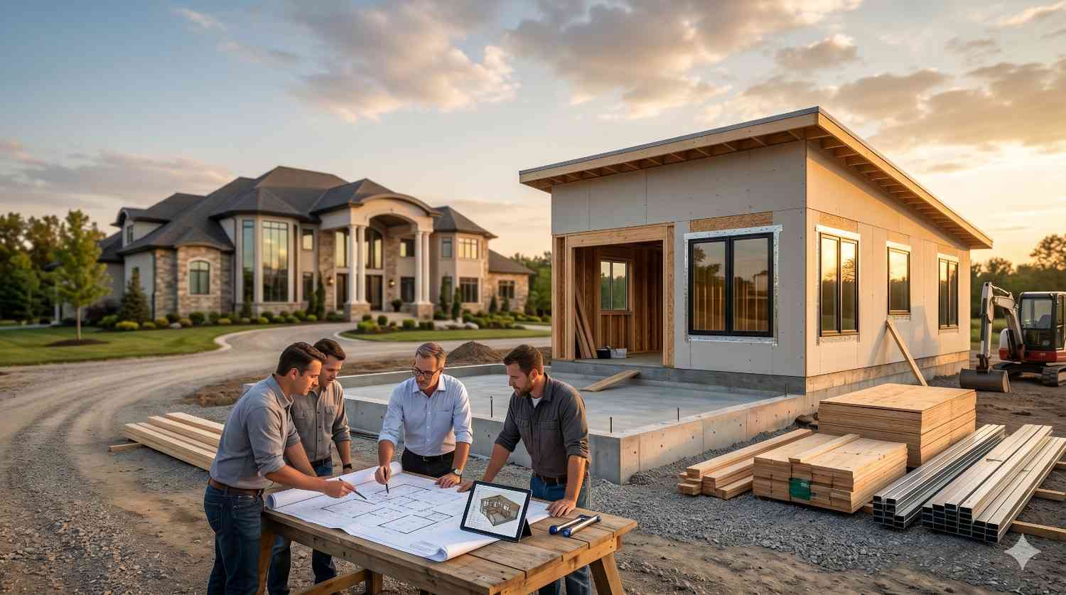 Construction team reviewing blueprints beside a modern prefab home under development. Lumber and building materials surround the site, while a large luxury house stands in the background during a residential construction planning meeting at sunset.