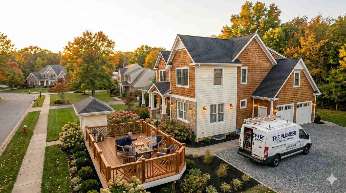 Aerial view of a suburban home with a newly built wooden backyard deck, outdoor seating, and fire table. A plumbing service van is parked in the driveway, surrounded by landscaped gardens and neighboring houses during autumn evening light.