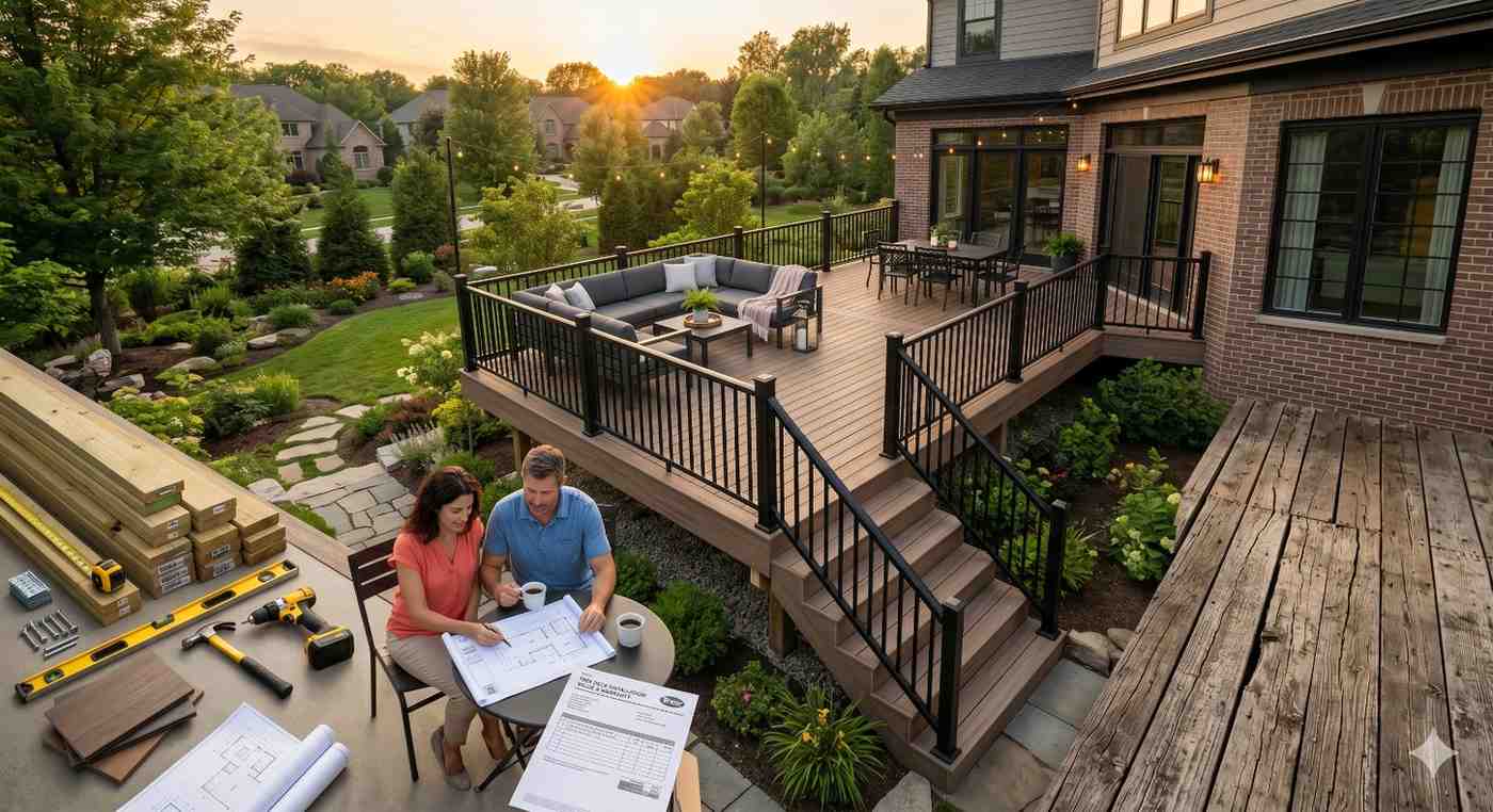 Homeowners review deck renovation plans beside a newly completed elevated backyard deck with black railings, outdoor seating, and landscaped gardens at sunset. Construction tools, lumber samples, and blueprints sit nearby, while an unfinished weathered deck section contrasts with the modern upgrade, highlighting residential deck remodeling, outdoor living design, and home improvement planning.