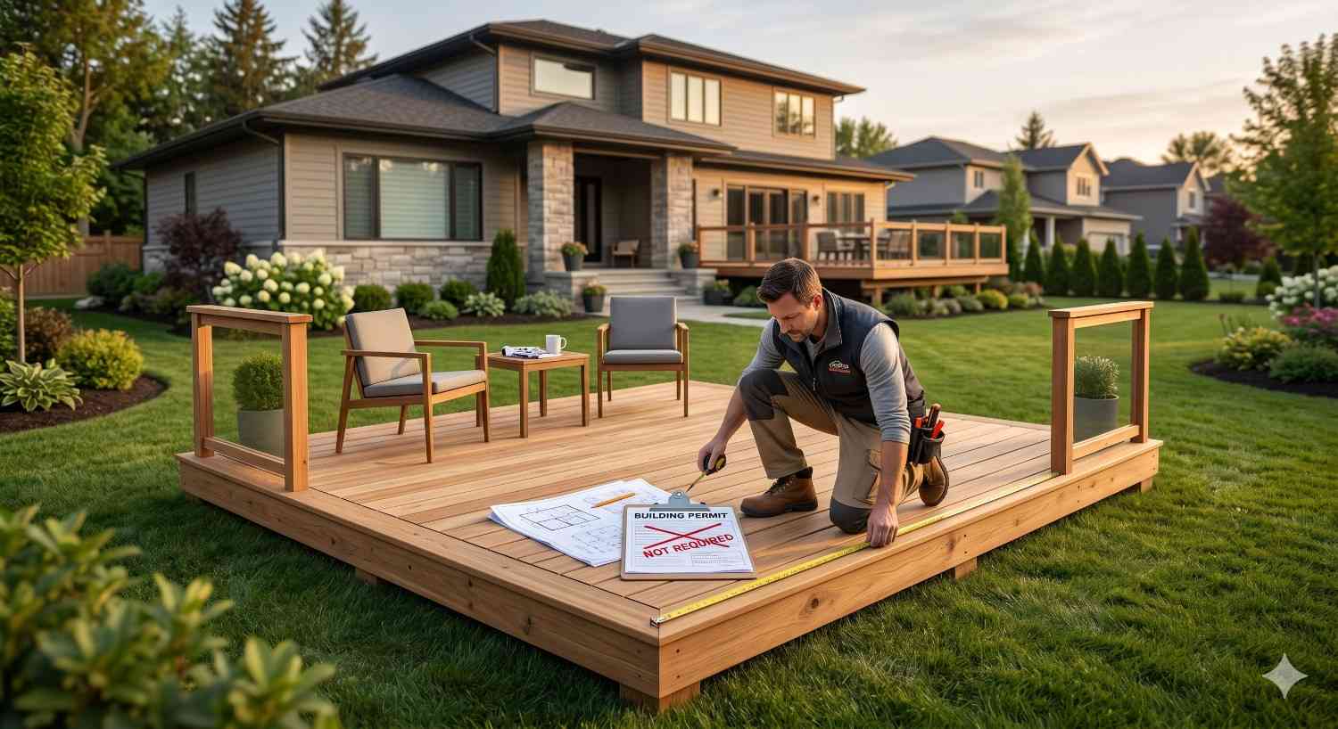 A contractor measures a newly built backyard deck in a suburban yard while reviewing construction plans and permit paperwork. The finished wooden platform features seating and railings, with a modern family home and landscaped lawn in the background.