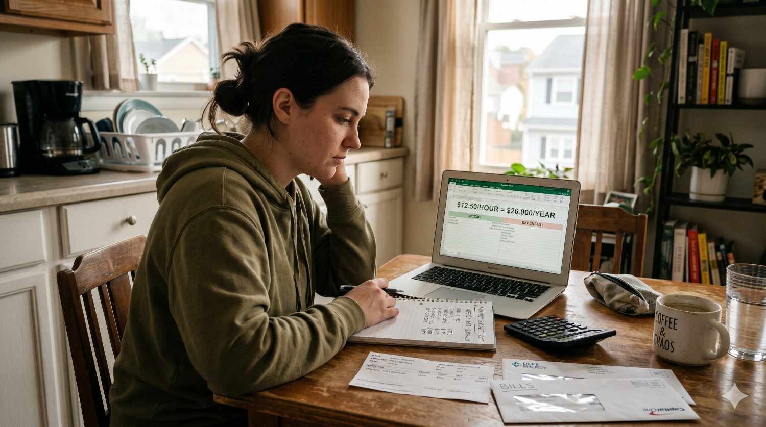 Woman reviews household finances and bills at a kitchen table while using a laptop displaying income and expense calculations. A calculator, notebook, and unpaid bills highlight personal budgeting or financial stress at home.