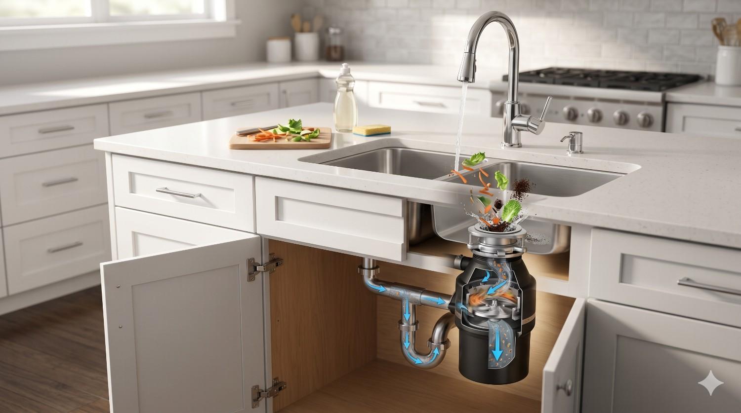 Modern kitchen featuring a stainless steel sink and running faucet above an exposed garbage disposal system. A cutaway illustration shows food scraps entering the disposal, internal grinding action, and water flow through connected drain pipes. Open cabinet doors reveal plumbing components, demonstrating how a residential garbage disposal operates efficiently.