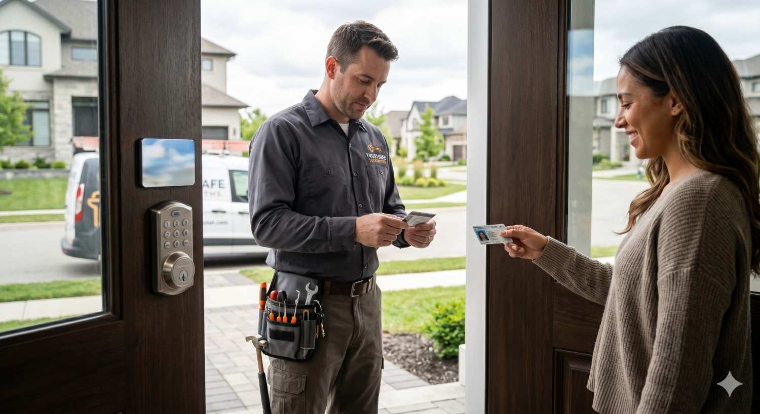 Woman at the front door verifies a technician’s identification card beside a modern smart lock with keypad entry. Service professional wearing a tool belt checks credentials before entering the suburban home. Bright natural lighting, secure entry features, and professional interaction emphasize homeowner safety, trust, identity verification, and controlled residential service access procedures.