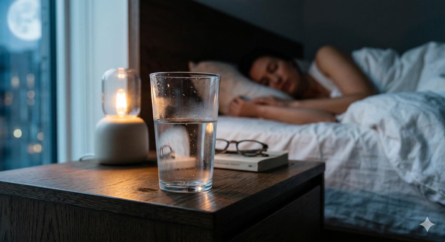 Glass of water sits on a bedside table beside a lamp and eyeglasses while a woman sleeps in the background. Soft nighttime lighting and a moonlit window create a calm, cozy bedroom atmosphere focused on rest and bedtime comfort.