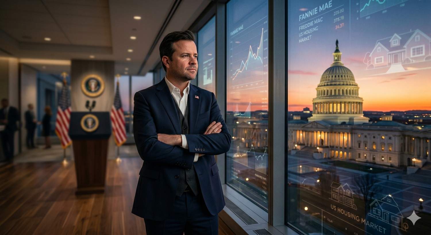 A businessman stands in a government office overlooking the U.S. Capitol at sunset. Financial charts and housing market data appear on the window, highlighting mortgage trends, Fannie Mae performance, and U.S. housing market analysis.