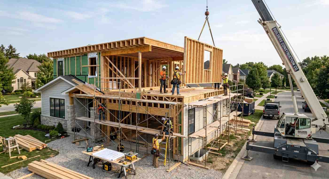 Large residential construction project in suburban neighborhood featuring multi-story wood-frame house under development. Crane lifts prefabricated wall panel while construction workers coordinate installation from scaffolding and rooftop. Exposed framing, building materials, and architectural plans demonstrate active custom home construction process. Surrounding completed homes and streetscape provide modern community residential development context.