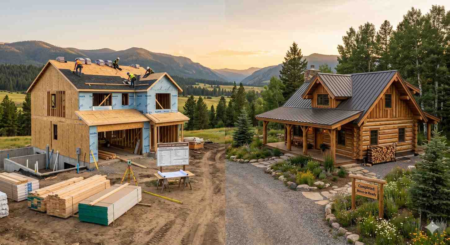 A side-by-side comparison shows a mountain home under construction beside a completed rustic log cabin, with workers roofing the unfinished structure and scenic forests and mountains surrounding the rural property at sunset.