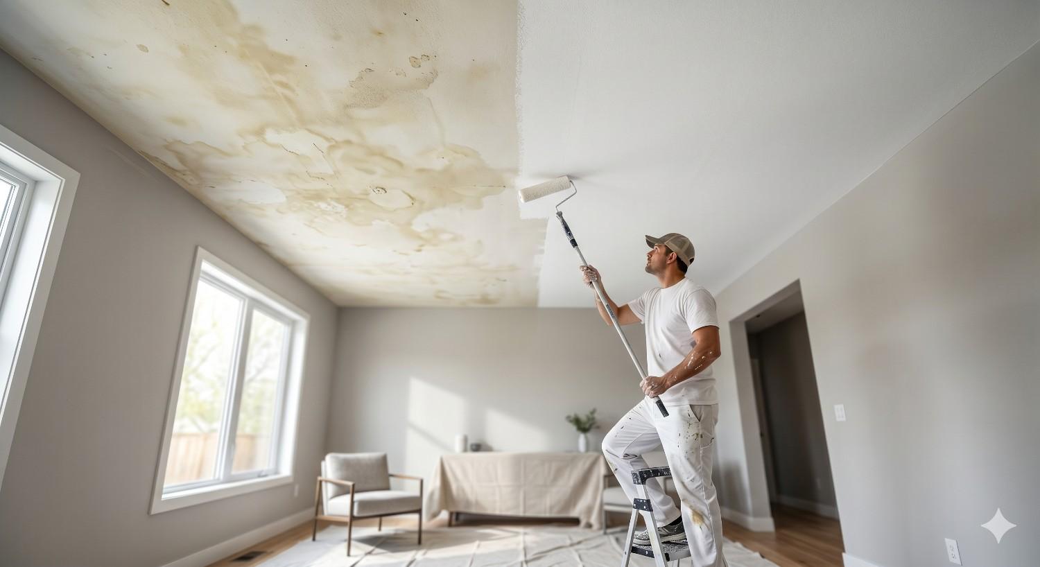 Painter on ladder applying fresh white coat over stained ceiling, restoring interior with professional ceiling painting service in bright modern living room
