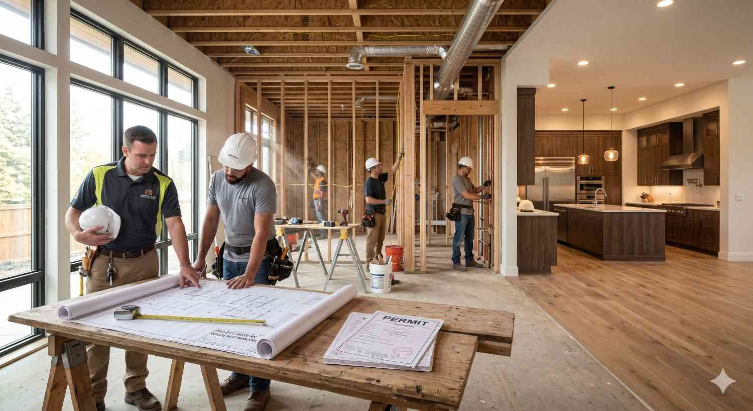Construction team reviews blueprints and permits inside a home renovation project. Workers install framing, plumbing, and electrical systems while a completed modern kitchen is visible beside the unfinished interior space.
