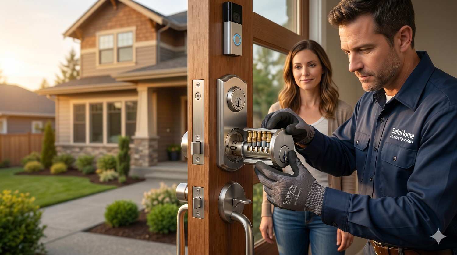 Professional locksmith installs or services a residential smart lock and deadbolt system on a front entry door while a homeowner observes nearby. The technician demonstrates lock cylinder components and advanced security hardware. The image highlights home security upgrades, smart access control, locksmith services, residential protection, and modern door lock installation.