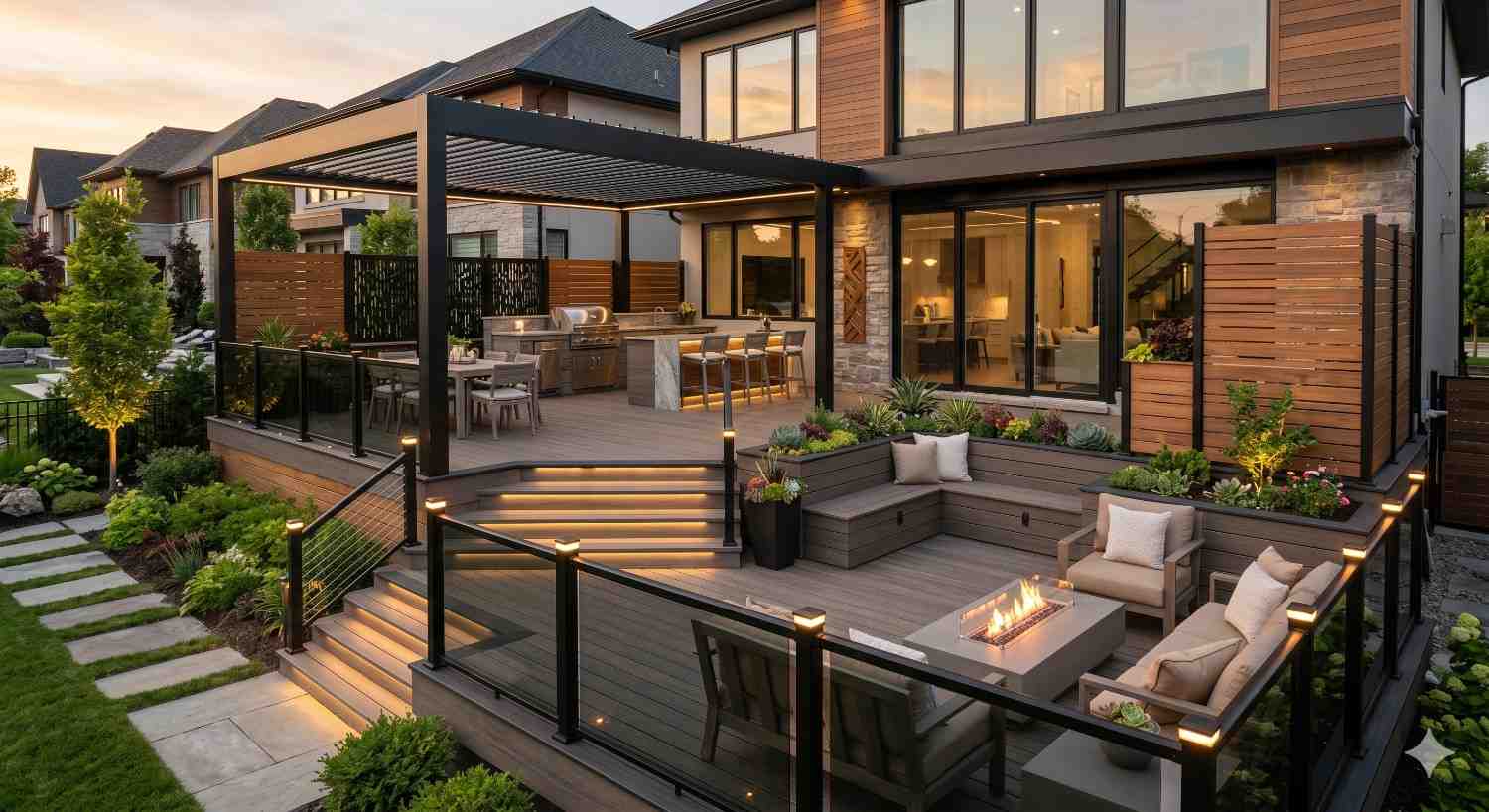 Modern multi-level backyard deck featuring a pergola-covered outdoor kitchen, dining area, built-in seating, fire table, illuminated stairways, and sleek cable railings. The contemporary outdoor living space blends composite decking, landscaped planters, and privacy screens, creating a luxurious entertainment area that seamlessly extends the home’s indoor living environment.