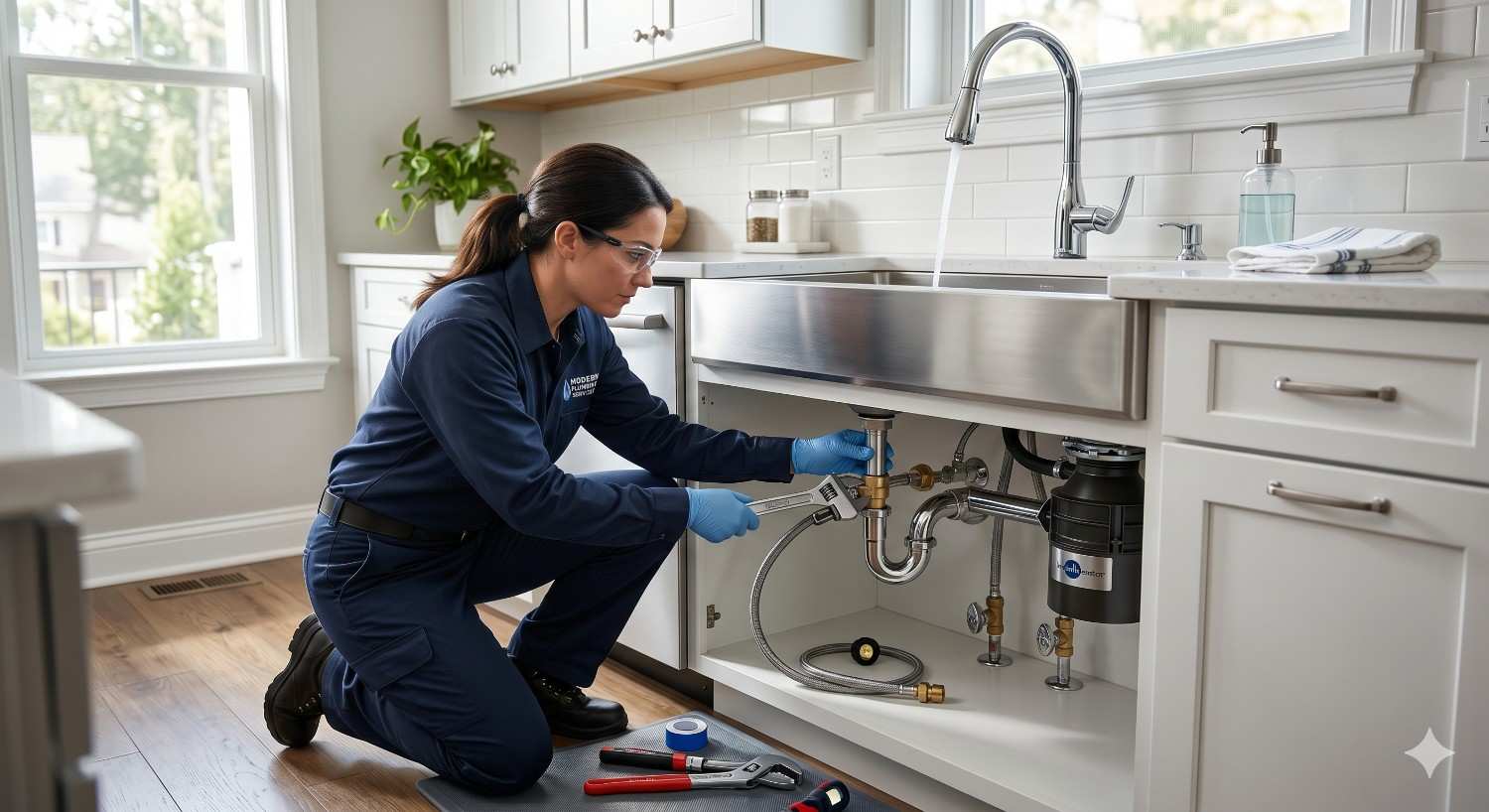 Licensed plumber kneels beneath a farmhouse kitchen sink, tightening plumbing connections with a wrench during a repair. Water runs from the faucet above while tools, tape, and replacement parts rest nearby. Visible pipes, valves, and a garbage disposal highlight sink maintenance, plumbing installation, troubleshooting, and professional home repair services.