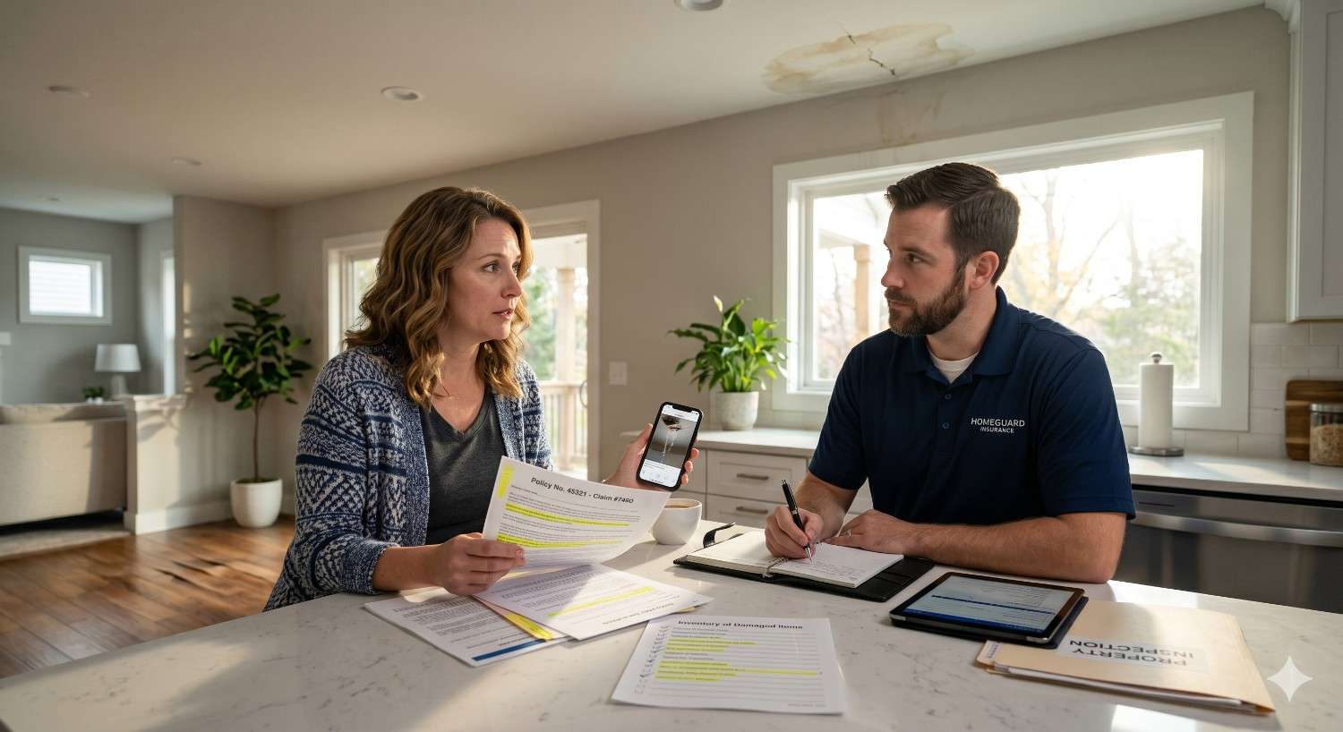 A homeowner reviews insurance claim documents with a restoration specialist at a kitchen counter, discussing water damage visible on the ceiling while paperwork, notes, and a smartphone are spread across the table.