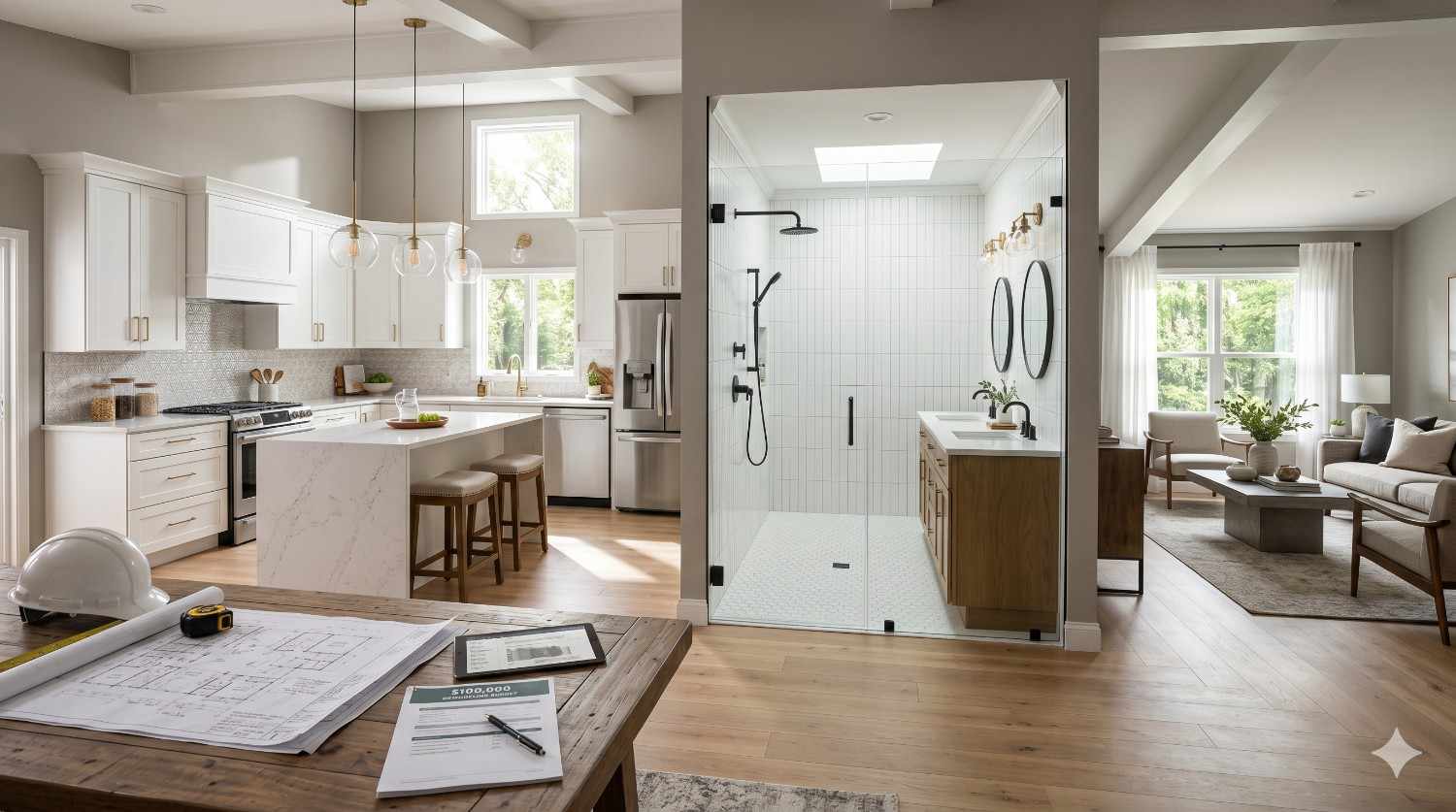 A completed home renovation showcases a bright, modern interior featuring an updated kitchen, luxury bathroom, and comfortable living room. White cabinetry, quartz countertops, wood flooring, and contemporary fixtures create a cohesive design. Construction plans, a hard hat, and project documents in the foreground highlight the remodeling and planning process.