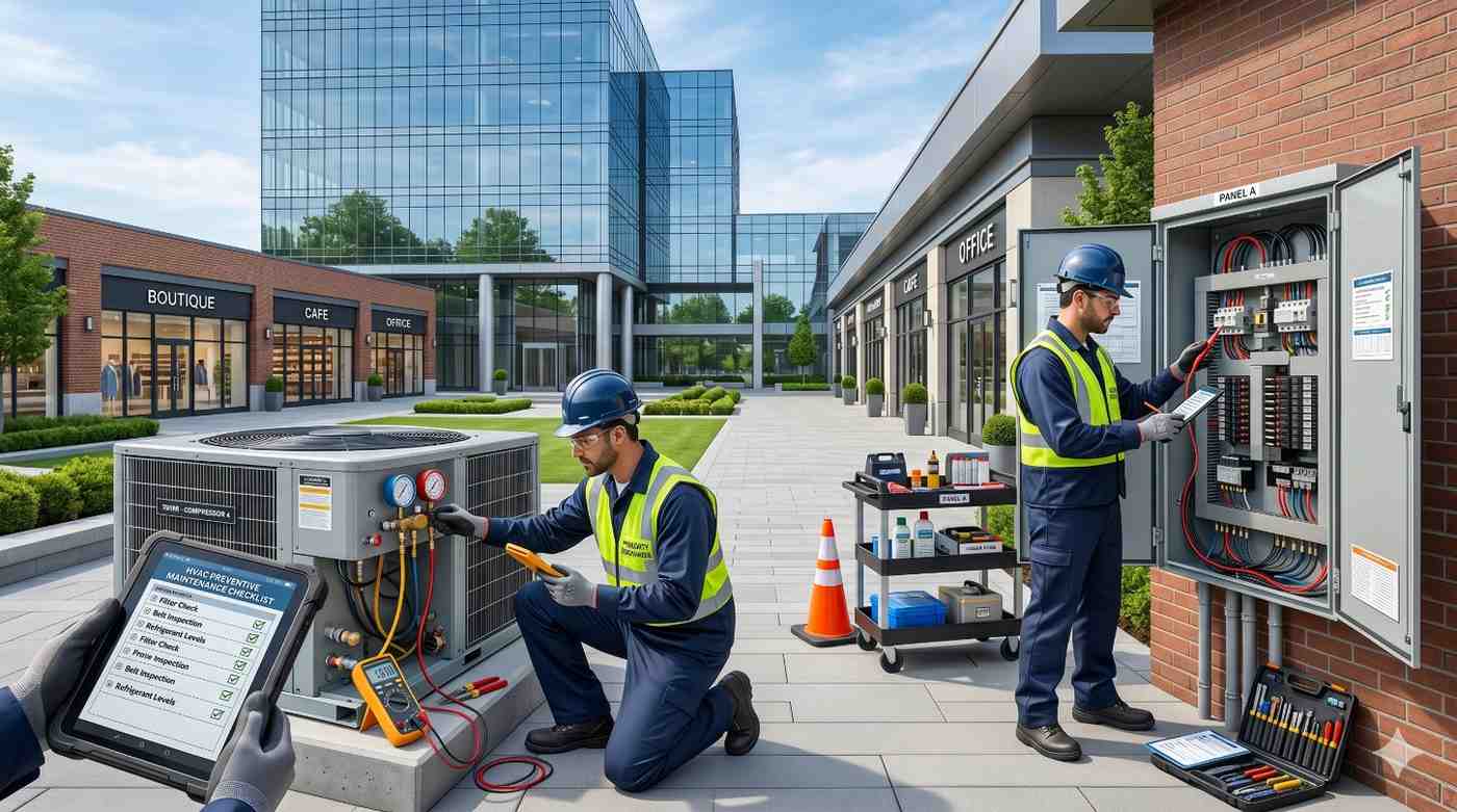 Commercial maintenance technicians perform preventive HVAC and electrical system inspections outside a modern office and retail complex. One worker tests an air conditioning unit using diagnostic instruments, while another services an electrical control panel. Tools, maintenance checklists, and safety equipment highlight facility management, building operations, troubleshooting, energy efficiency, and preventive maintenance practices.