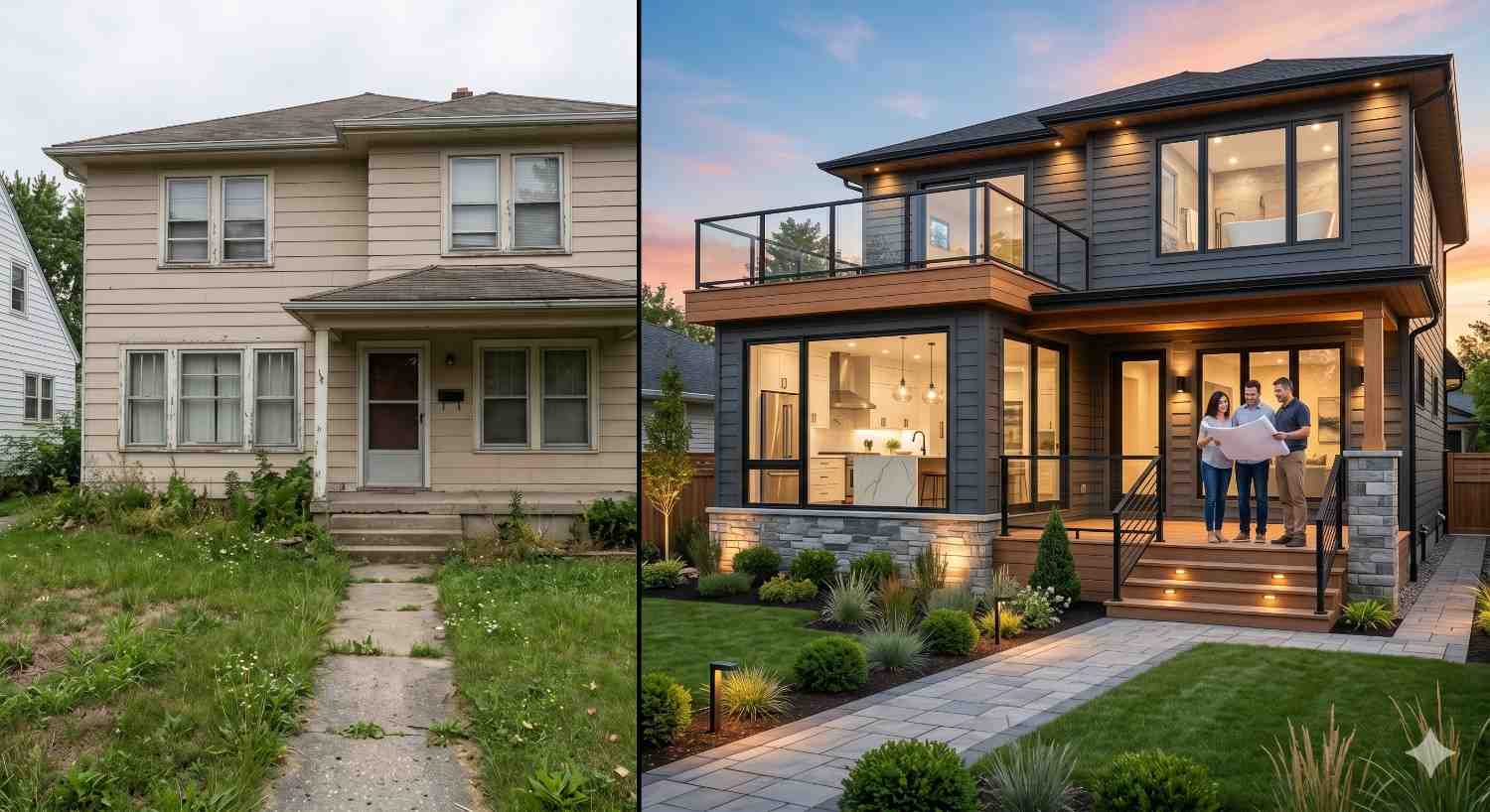 Before-and-after comparison of a home renovation project. The left side shows an outdated house with worn landscaping, while the right side features a modern remodeled exterior with updated architecture, lighting, landscaping, and homeowners reviewing plans outside the renovated property.
