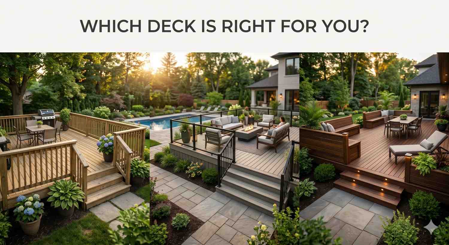 Comparison image showcasing three backyard deck styles for homeowners choosing an outdoor living design. The left features a traditional wood deck, the center displays a modern composite deck with black railings, and the right highlights a luxury entertainment deck with built-in seating and lighting, surrounded by landscaped gardens and upscale residential homes.