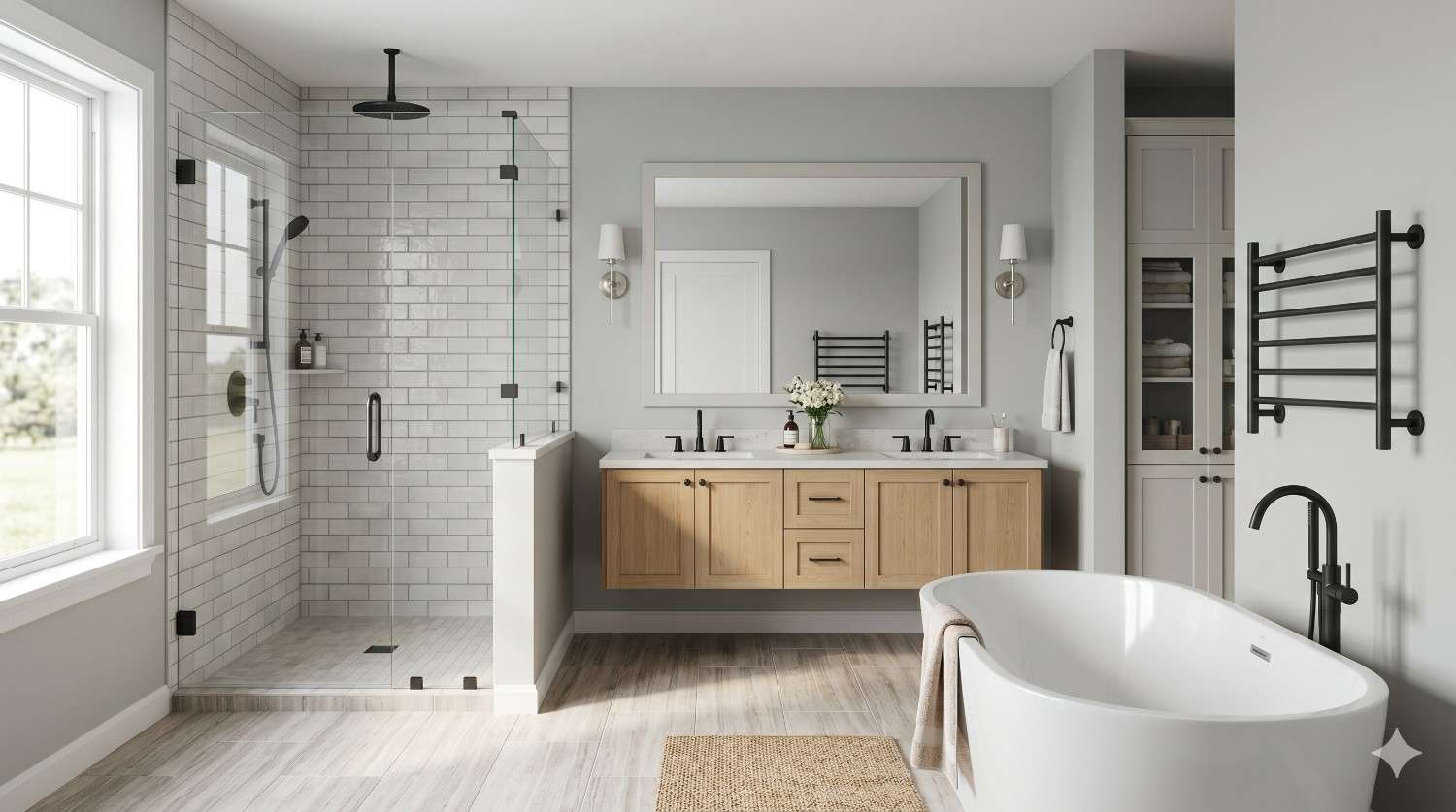 Modern spa-style bathroom featuring a freestanding soaking tub, glass walk-in shower, floating wood vanity with double sinks, and black matte fixtures. Bright natural light, subway tile walls, heated towel racks, and minimalist décor create a clean contemporary interior. Neutral tones and elegant finishes highlight luxury residential bathroom remodeling and modern home design.