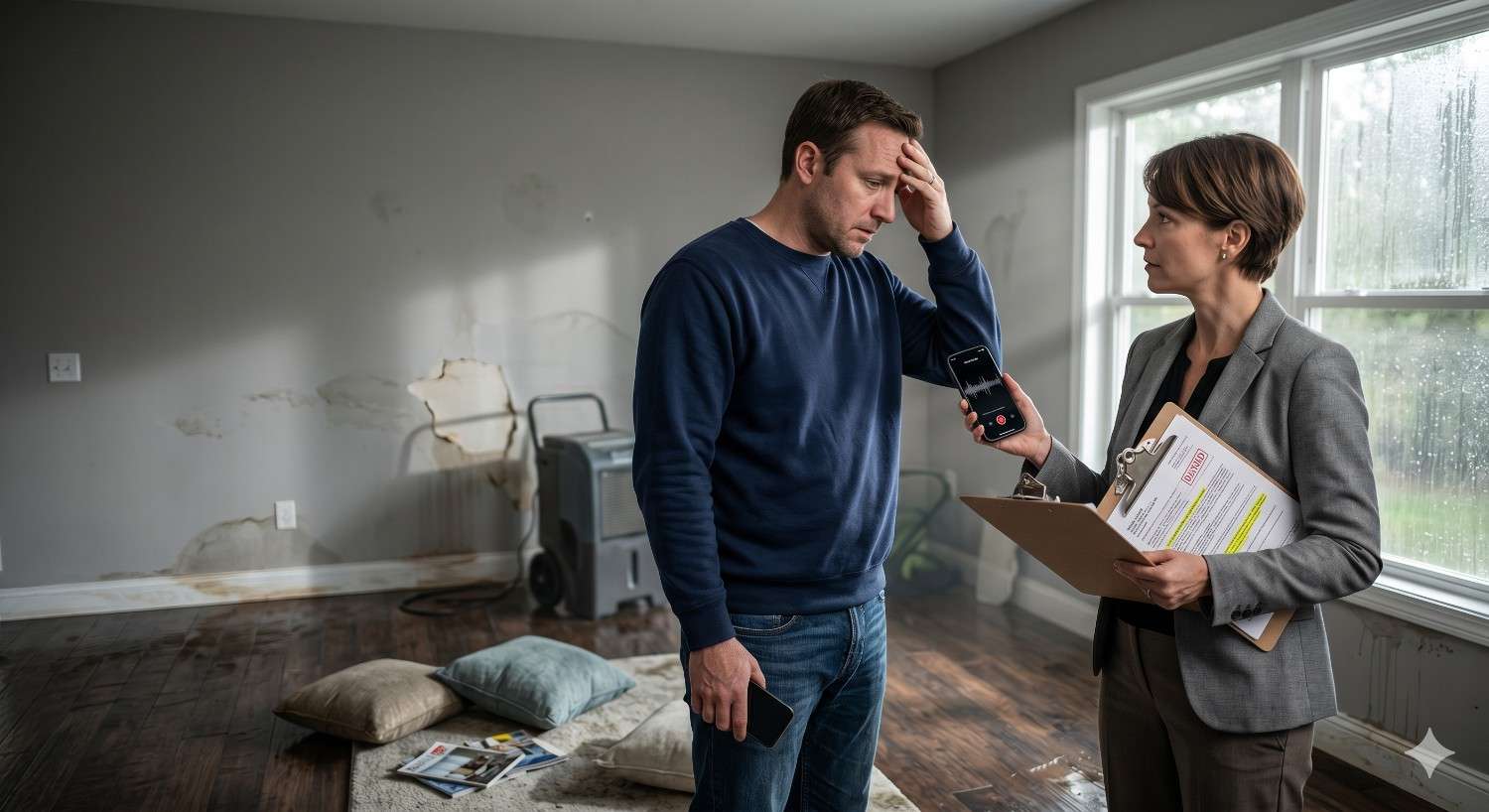 A distressed homeowner stands in a water-damaged room speaking with an insurance representative holding a clipboard and phone. Stained walls, damaged flooring, and drying equipment in the background suggest an inspection or discussion about flood restoration and insurance claims.