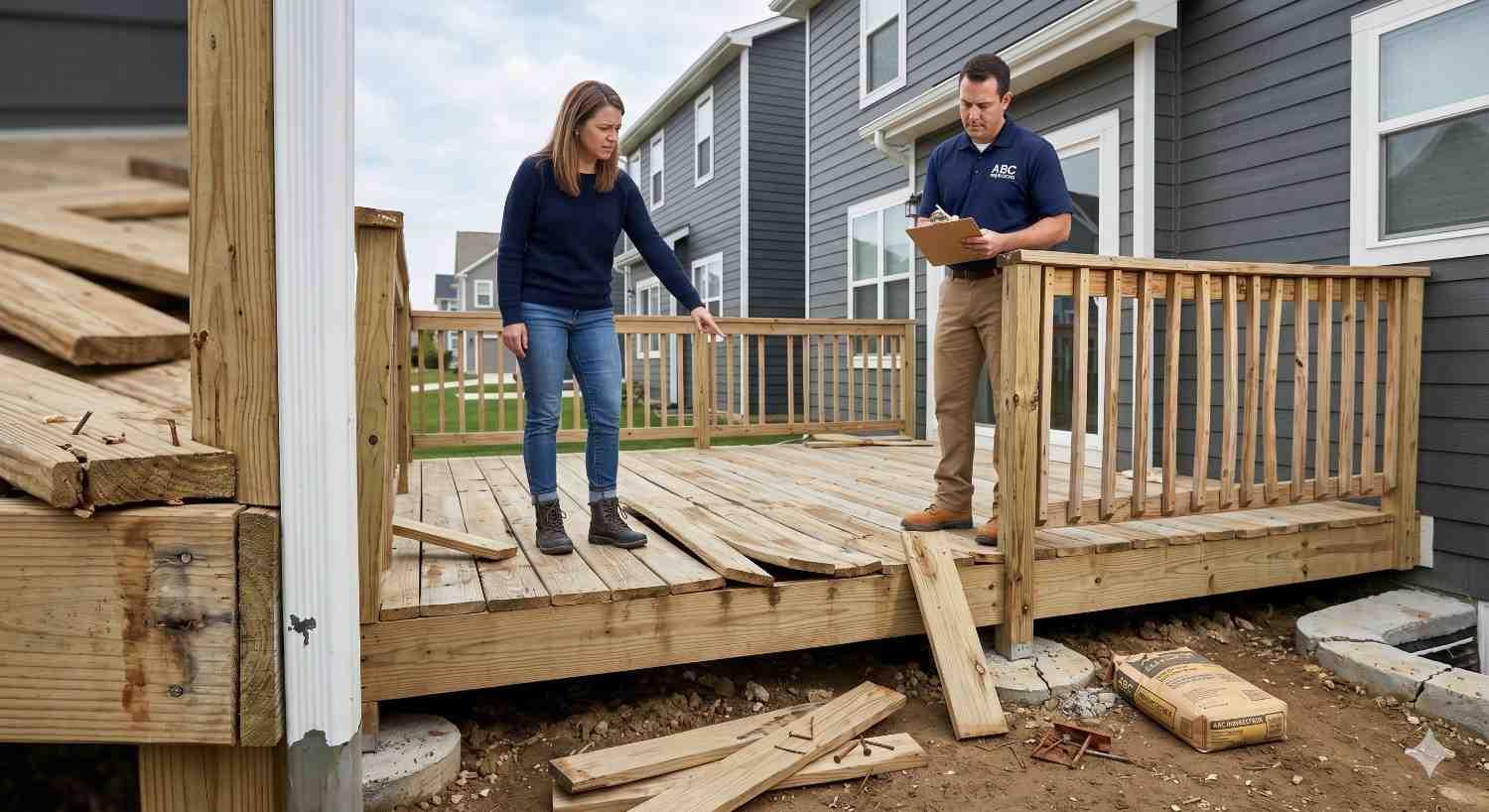 Homeowner points out warped and uneven boards on a newly built wooden deck while a contractor takes notes on a clipboard. Loose lumber and construction debris surround the unfinished backyard deck project.