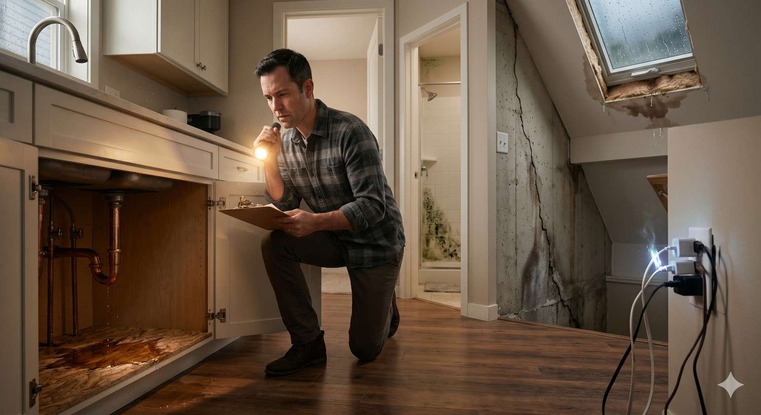 Home inspector examining water damage beneath a bathroom sink with a flashlight and clipboard. Visible leaks, stained cabinetry, cracked walls, mold growth, and a leaking skylight highlight residential moisture issues, plumbing inspection, and home water damage assessment in an attic-level interior space.