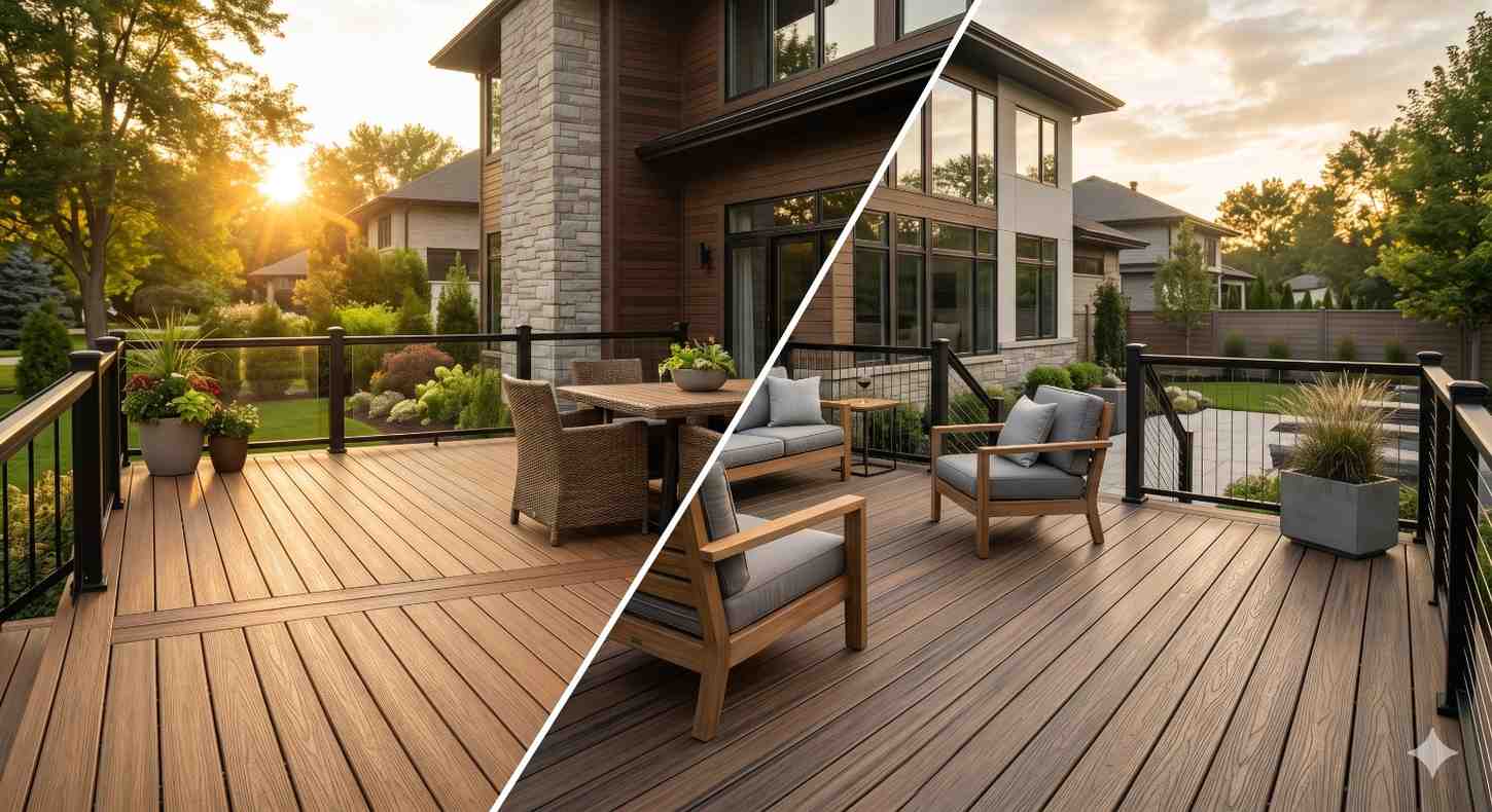 Split-image comparison of a modern outdoor deck attached to a contemporary home during golden hour. The spacious composite deck features black railings, outdoor seating, dining furniture, and landscaped surroundings. Large windows and clean architectural lines highlight upscale residential design, while the side-by-side layout emphasizes durability, style, comfort, and functional outdoor living space.