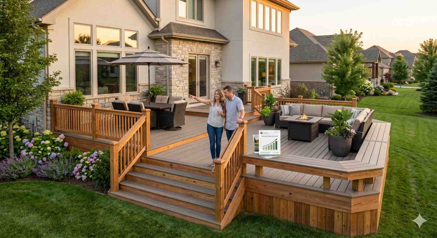 Homeowners stand on a spacious, multi-level backyard deck attached to a modern house, enjoying an upgraded outdoor living area. The deck features railings, stairs, lounge seating, dining furniture, landscaping, and a fire table. A nearby growth chart symbolizes increased home value, improved curb appeal, and outdoor enjoyment.
