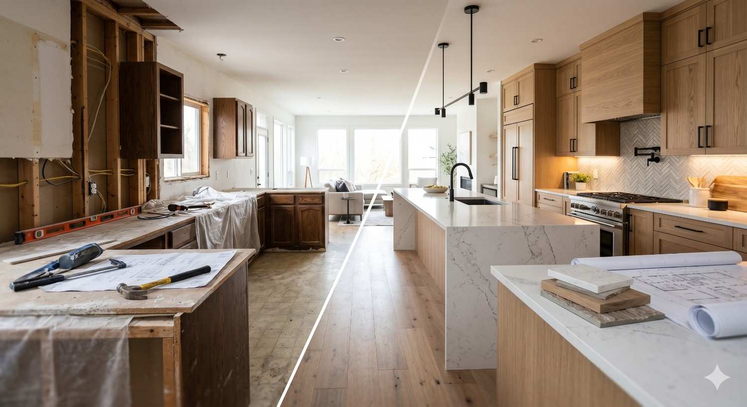 Split-view kitchen renovation comparison showing outdated unfinished space transforming into completed modern luxury kitchen. Exposed framing, construction tools, and old cabinetry contrast with elegant wood cabinets, marble waterfall island, herringbone backsplash, pendant lighting, and hardwood flooring. Architectural plans and material samples illustrate residential remodeling process from demolition through sophisticated contemporary interior completion.
