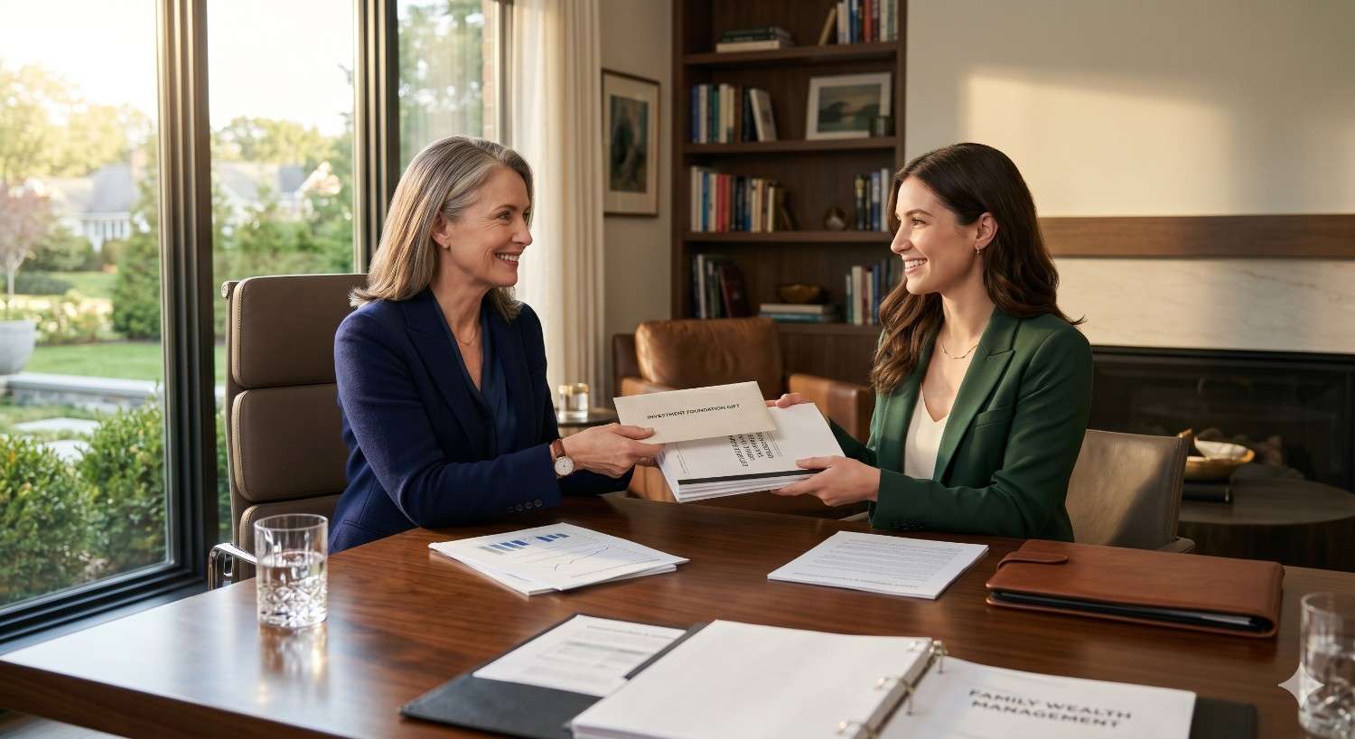 Financial advisor and client exchanging documents during a wealth management meeting in a modern office. Folders, reports, and paperwork on the table suggest estate planning, investment consultation, or financial agreement discussions.