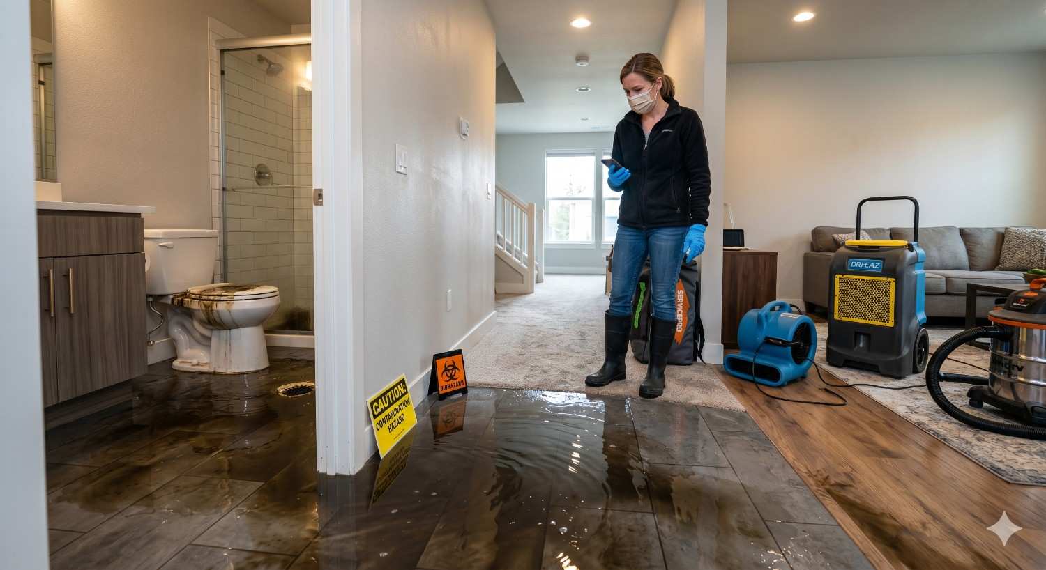 Water damage restoration technician wearing protective gear inspects flooded home interior with contaminated bathroom overflow. Standing water covers tile flooring while caution signs mark hazardous conditions. Commercial air movers, dehumidifiers, and extraction equipment support cleanup efforts. Scene highlights emergency flood restoration, sewage backup remediation, moisture control, sanitation, and property recovery services.