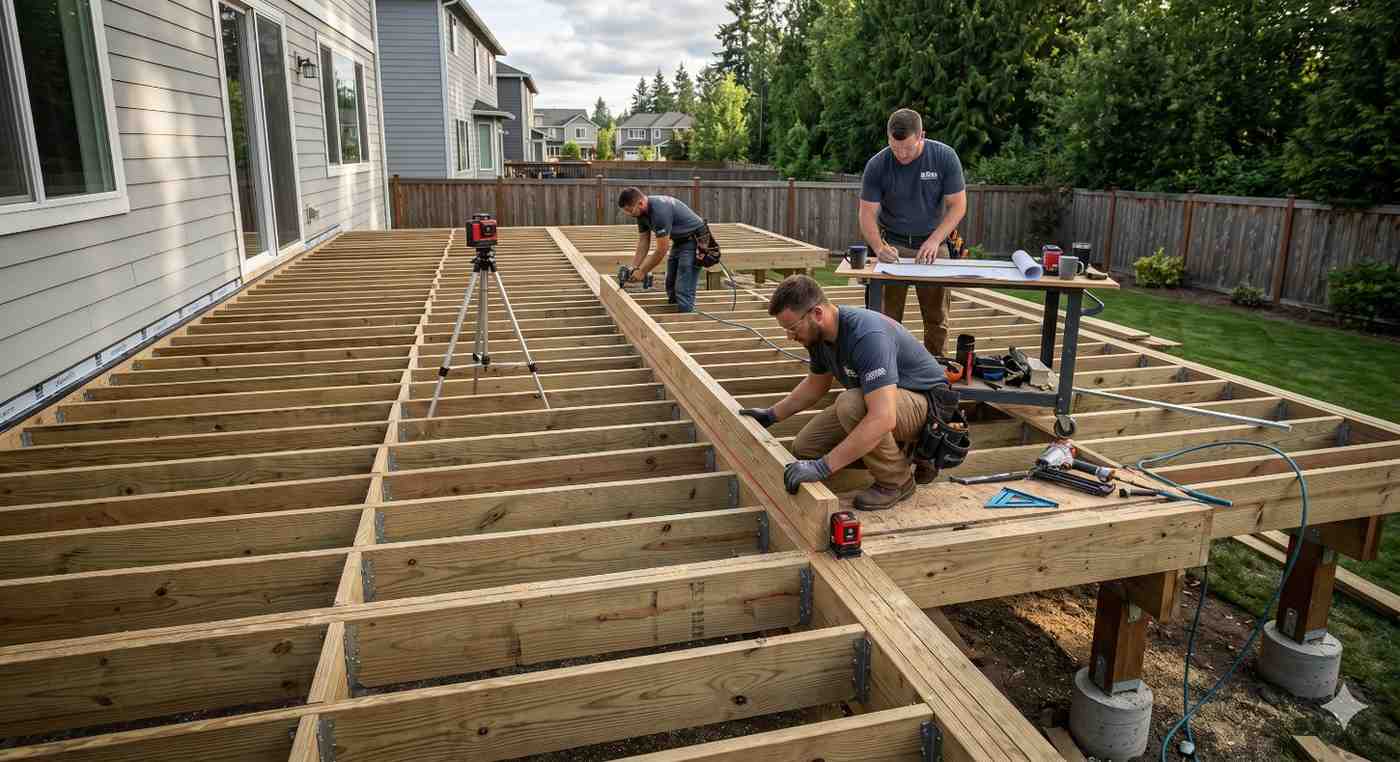 Construction crew building a large backyard deck frame behind a suburban home. Workers measure, secure joists, and review blueprints while using tools and leveling equipment, showcasing the residential deck installation process and structural framing for a custom outdoor living space.
