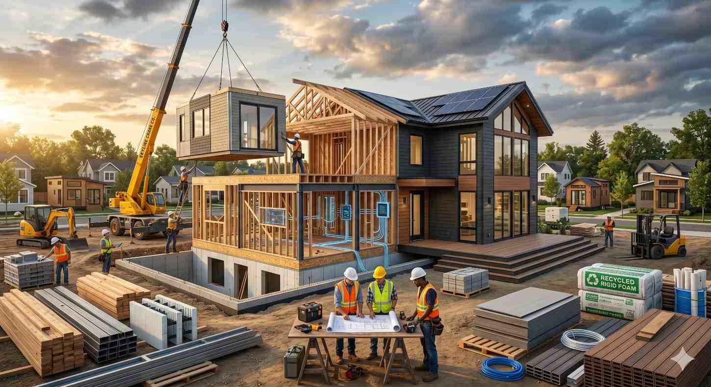 Modern sustainable home under construction featuring modular assembly, solar panels, and energy efficient materials A crane lifts prefab housing sections while workers review blueprints and install framing, insulation, and utility systems Contemporary architecture combines exposed structural framing with finished exterior elements in a growing suburban neighborhood focused on eco friendly residential development and innovation
