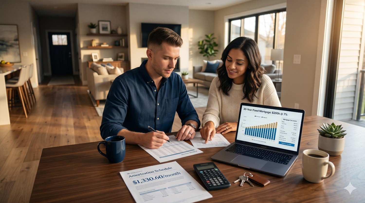 Couple reviewing mortgage documents and financial calculations at a dining table in a modern home. A laptop displays loan payment charts while paperwork, keys, and a calculator highlight the homebuying and budgeting process.
