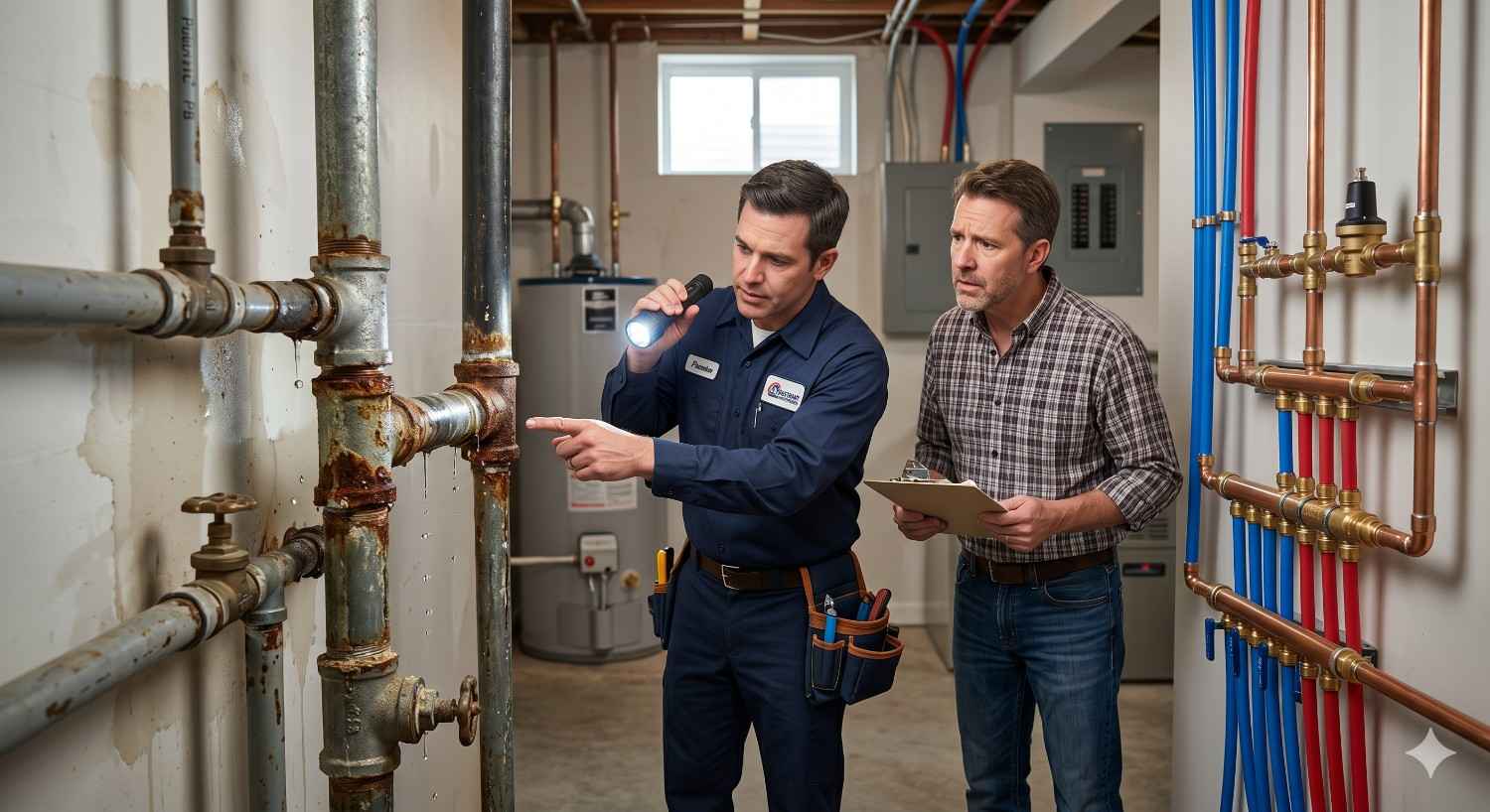 A plumber and homeowner inspect corroded galvanized pipes in a basement while modern PEX and copper plumbing lines are installed nearby, highlighting the contrast between outdated plumbing and upgraded residential water systems.