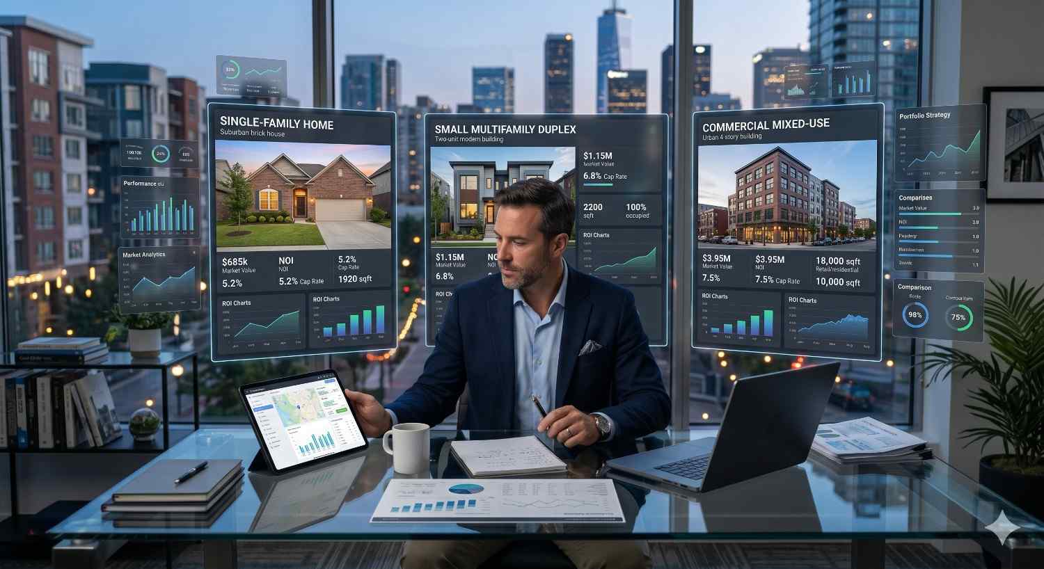 A real estate investor analyzes digital dashboards displaying single-family, multifamily, and commercial property data in a modern office overlooking a city skyline. Financial charts, ROI metrics, and market analytics highlight property investment and portfolio strategy planning.