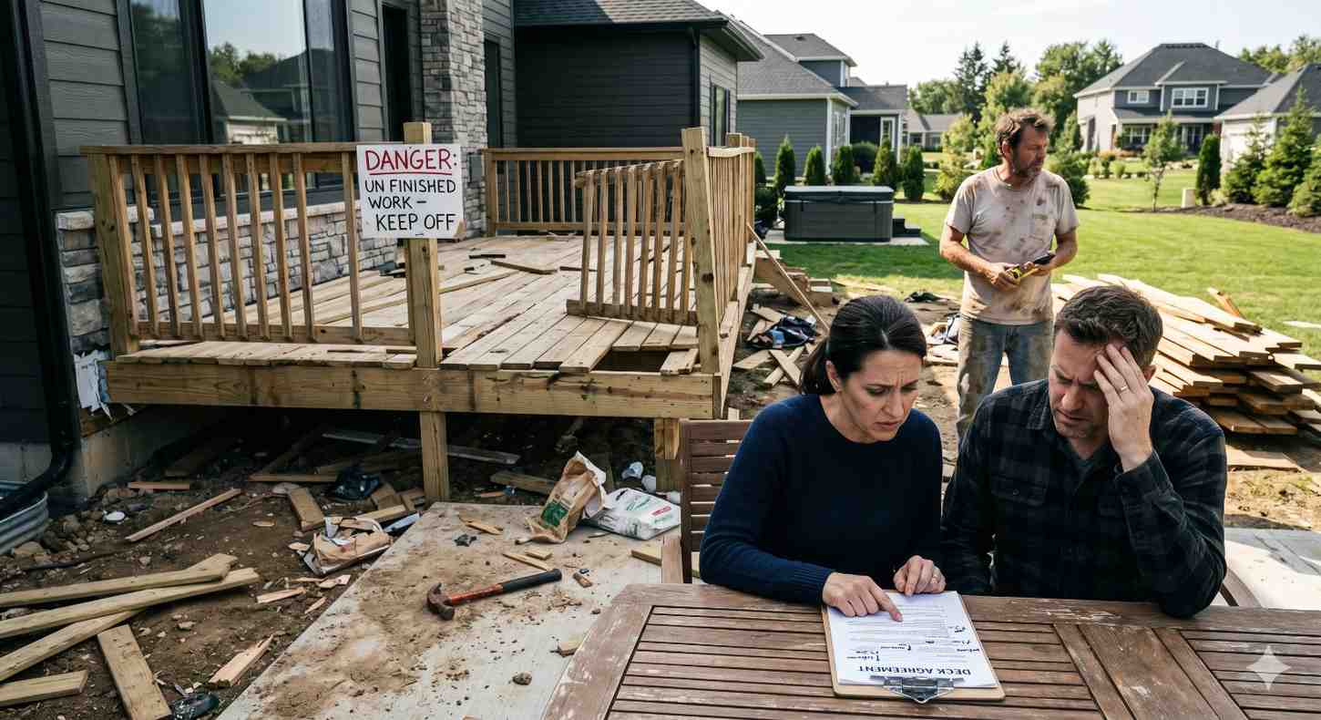 Two homeowners review deck agreement paperwork at an outdoor table beside a partially built wooden deck marked with a warning sign, while construction materials and a contractor are visible in the backyard renovation area.
