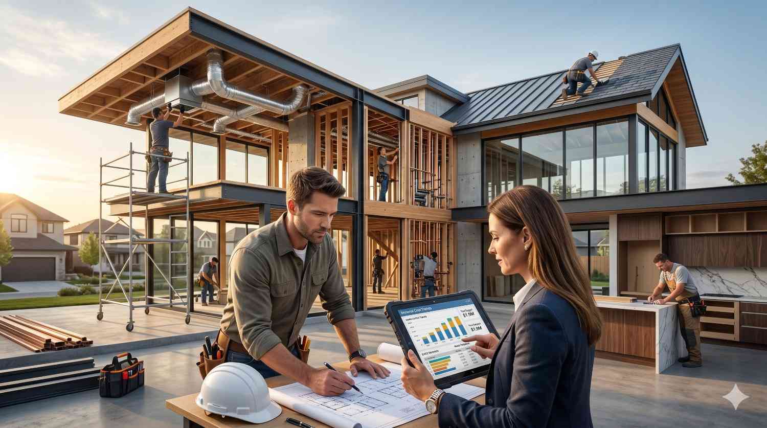 Contractor and project manager review construction plans and budget data outside a modern home under construction. Workers install roofing, framing, HVAC systems, and cabinetry around the active residential building site.