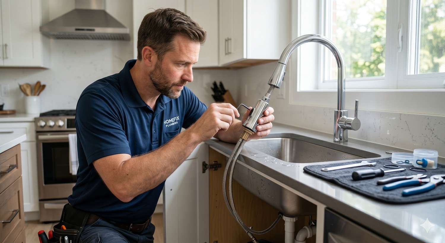 Professional plumber repairs a pull-down kitchen faucet in a modern home kitchen. The technician carefully disassembles the spray head while replacement parts and tools are organized on the countertop beside the sink. The image illustrates faucet maintenance, plumbing repair, troubleshooting, component replacement, and residential home improvement services.