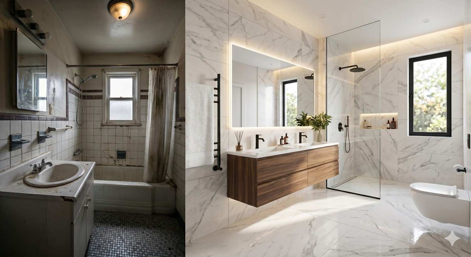 Before and after bathroom remodeling comparison showing outdated tub and sink transformed into modern marble shower and double vanity design
