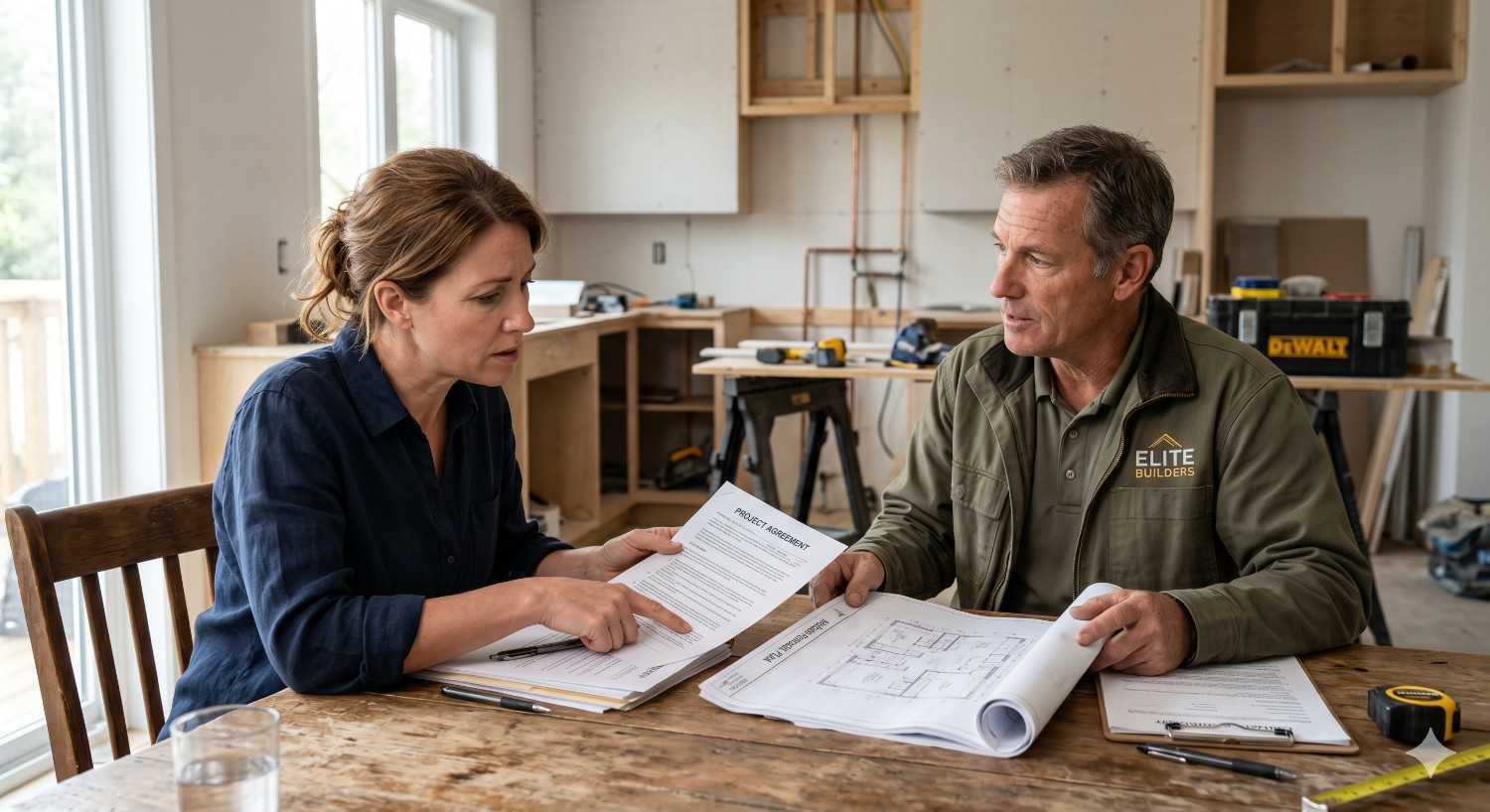 A homeowner reviews a project agreement and floor plans with a contractor at a kitchen renovation site. They sit at a wooden table surrounded by unfinished cabinets, tools, and construction materials while discussing remodeling details.