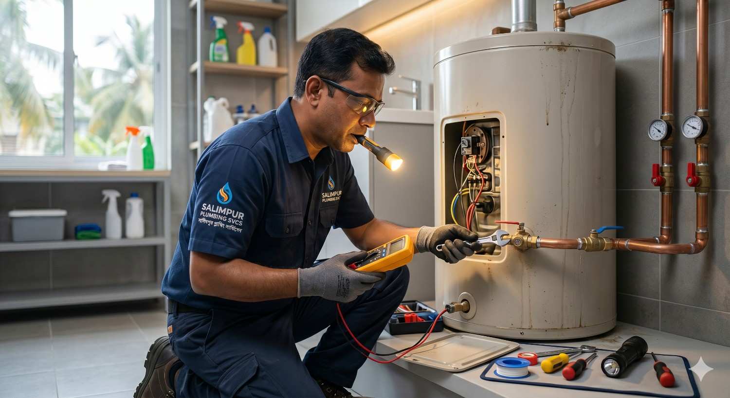 Technician performing water heater repair, inspecting wiring and pipes with tools in a residential utility room Plumber using multimeter and wrench during water heater repair service on a modern home system Professional conducting water heater repair, checking electrical connections and valves in indoor setup
