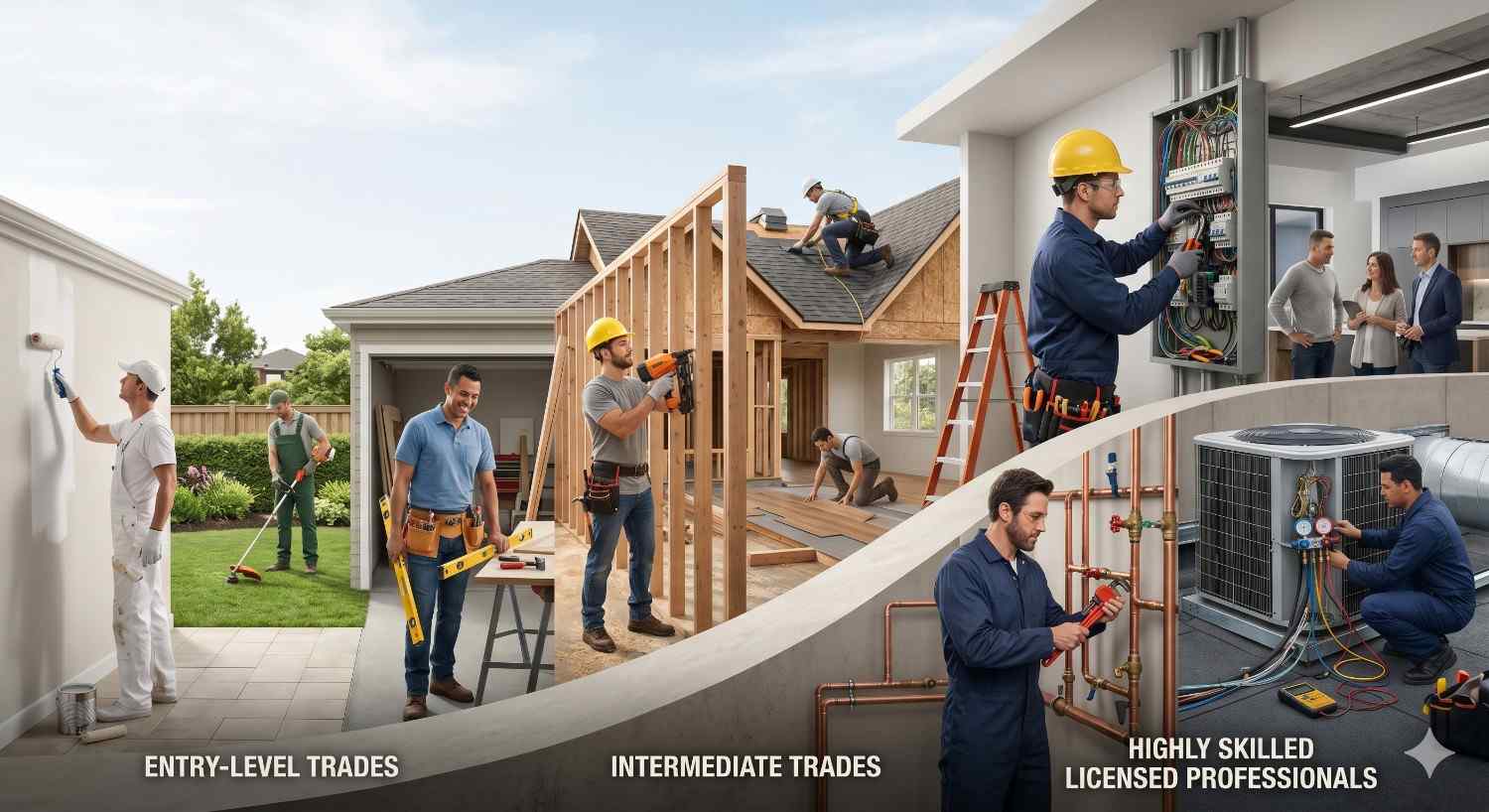 Infographic illustrating construction career progression across multiple skilled trades. Entry-level workers perform painting and landscaping, intermediate tradespeople handle framing, roofing, and carpentry, while licensed professionals complete electrical and HVAC work. Homeowners consult contractors during renovation planning. Educational graphic highlights increasing expertise, certification requirements, responsibilities, and specialization within residential construction industries.