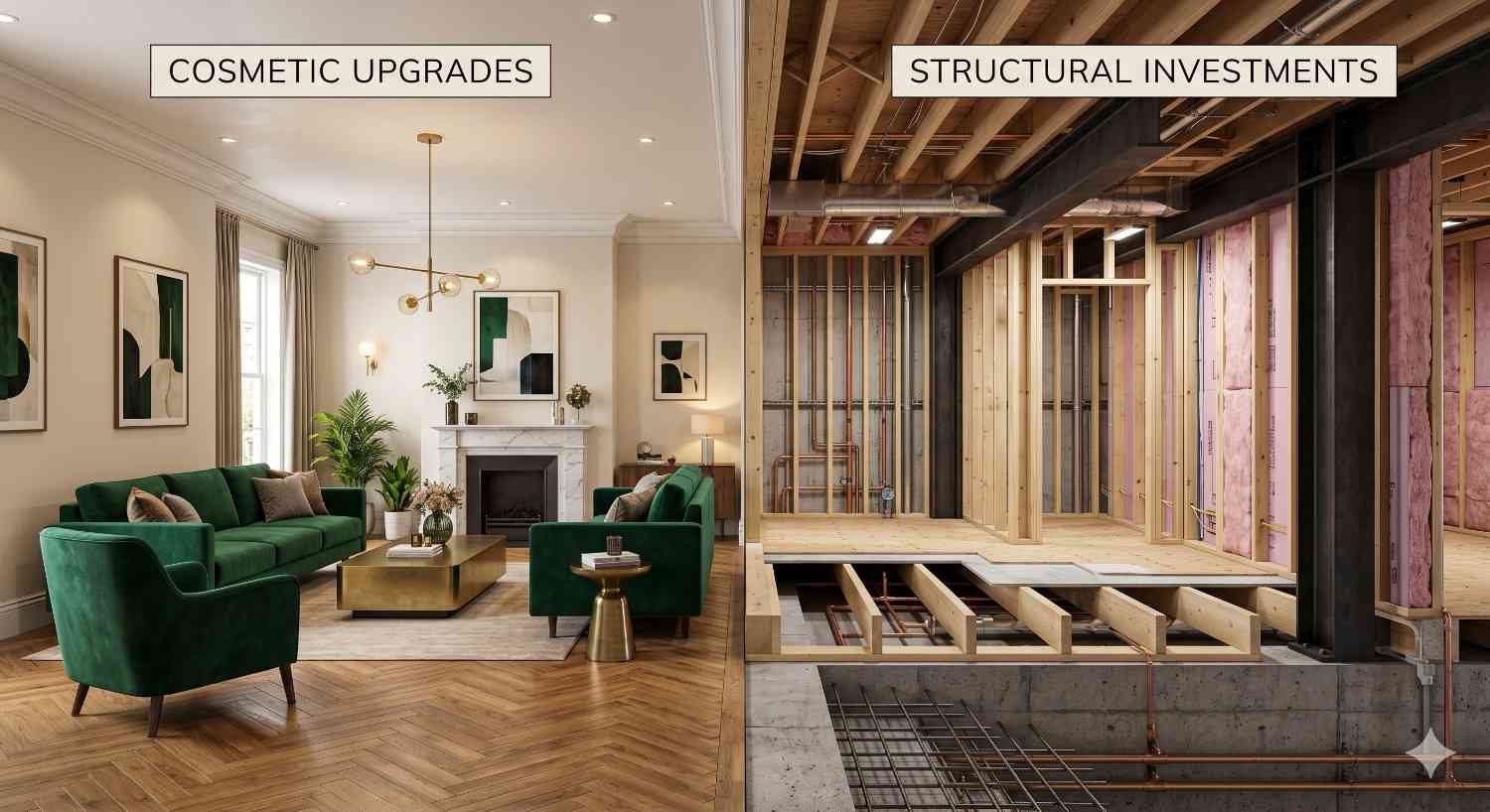 Split-screen comparison highlighting two renovation approaches. The left side shows a beautifully finished living room with elegant furniture, decorative lighting, artwork, and refined interior design representing cosmetic upgrades. The right side displays exposed framing, insulation, steel beams, and foundation work, illustrating structural investments focused on long-term durability, safety, and value.