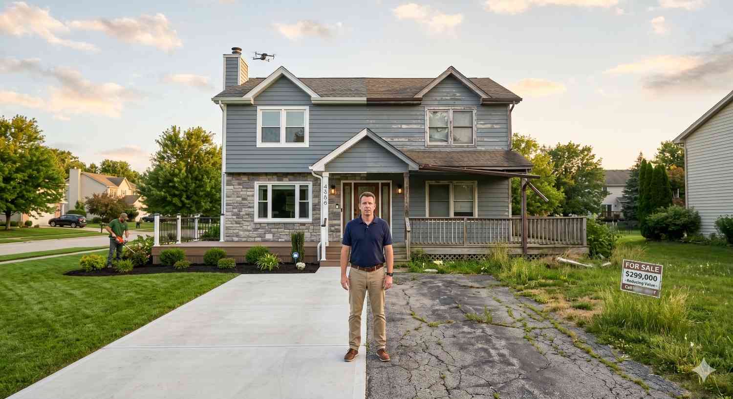 A man stands in front of a house showing a dramatic property transformation, with one side featuring a clean new driveway and landscaping while the other side remains cracked and overgrown beside a “For Sale” sign.