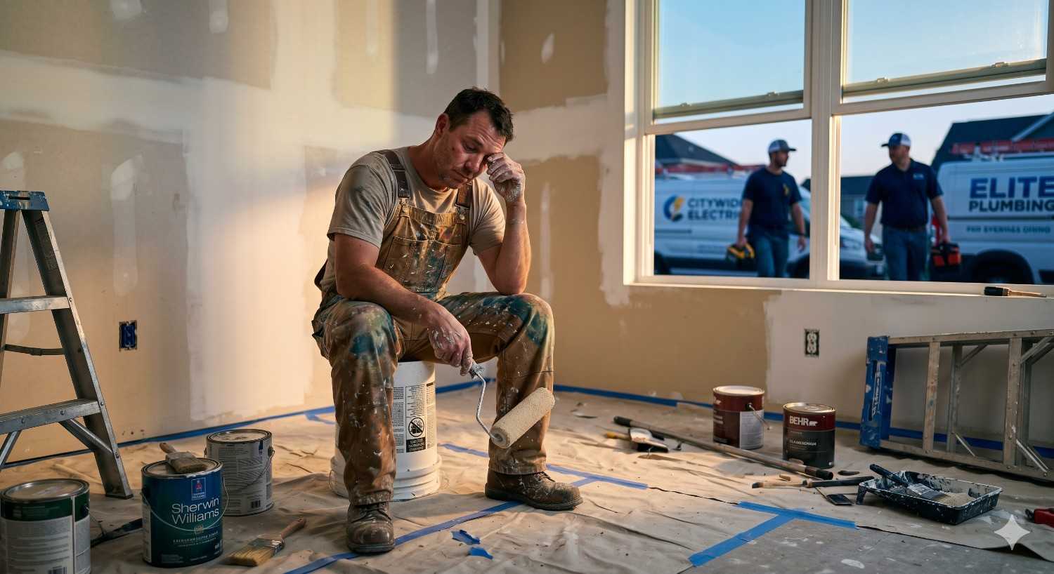 Tired painter sits on a bucket inside a partially renovated room, holding a paint roller while workers arrive outside. Paint cans, ladders, and protective floor covering surround him, conveying exhaustion and stress during a demanding home renovation or construction project.