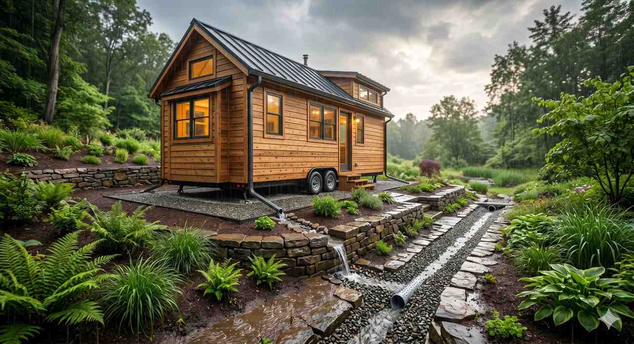 Tiny house on wheels surrounded by lush landscaping during rainfall. Stone drainage channels and rainwater runoff systems guide water away from the home, highlighting sustainable site design and stormwater management in a wooded setting.