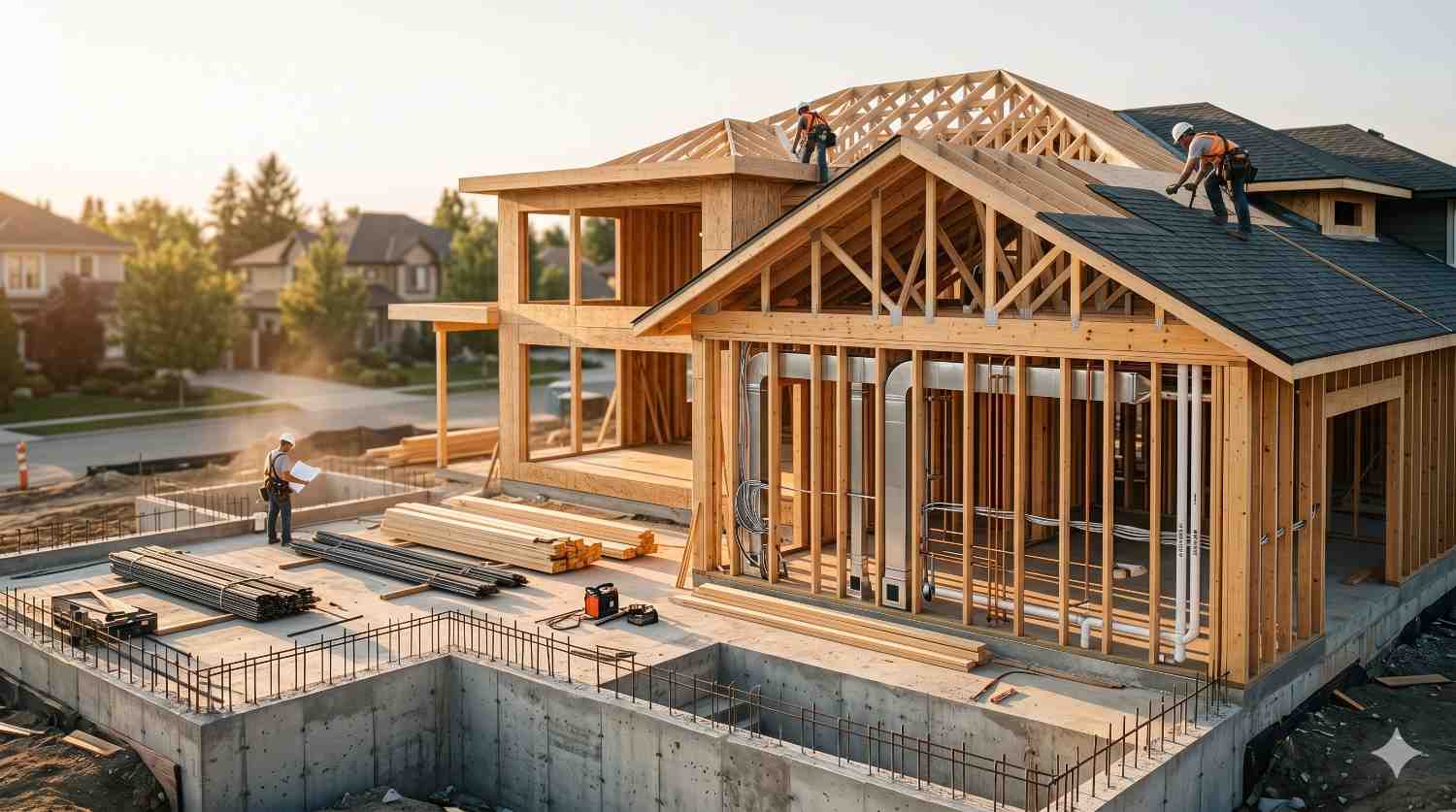 Workers frame and roof a large custom home under construction in a suburban neighborhood. Exposed wooden beams, concrete foundations, and building materials surround the unfinished structure during active residential construction.