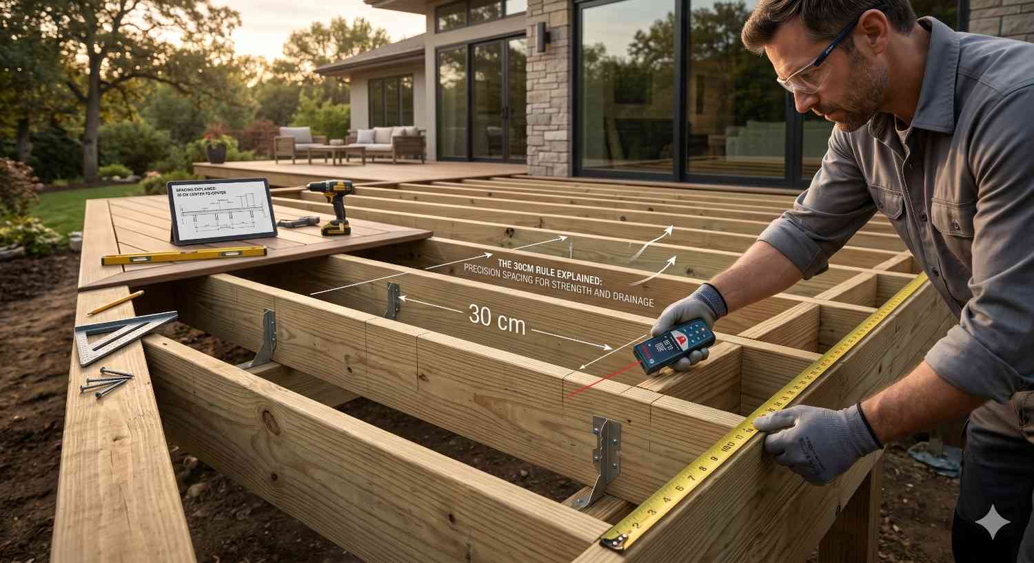 Contractor measuring deck framing with precision tools and labeled 30 cm spacing guides. Construction annotations explain proper joist spacing for structural strength, drainage, and airflow, highlighting accurate deck-building techniques in a residential backyard construction project.