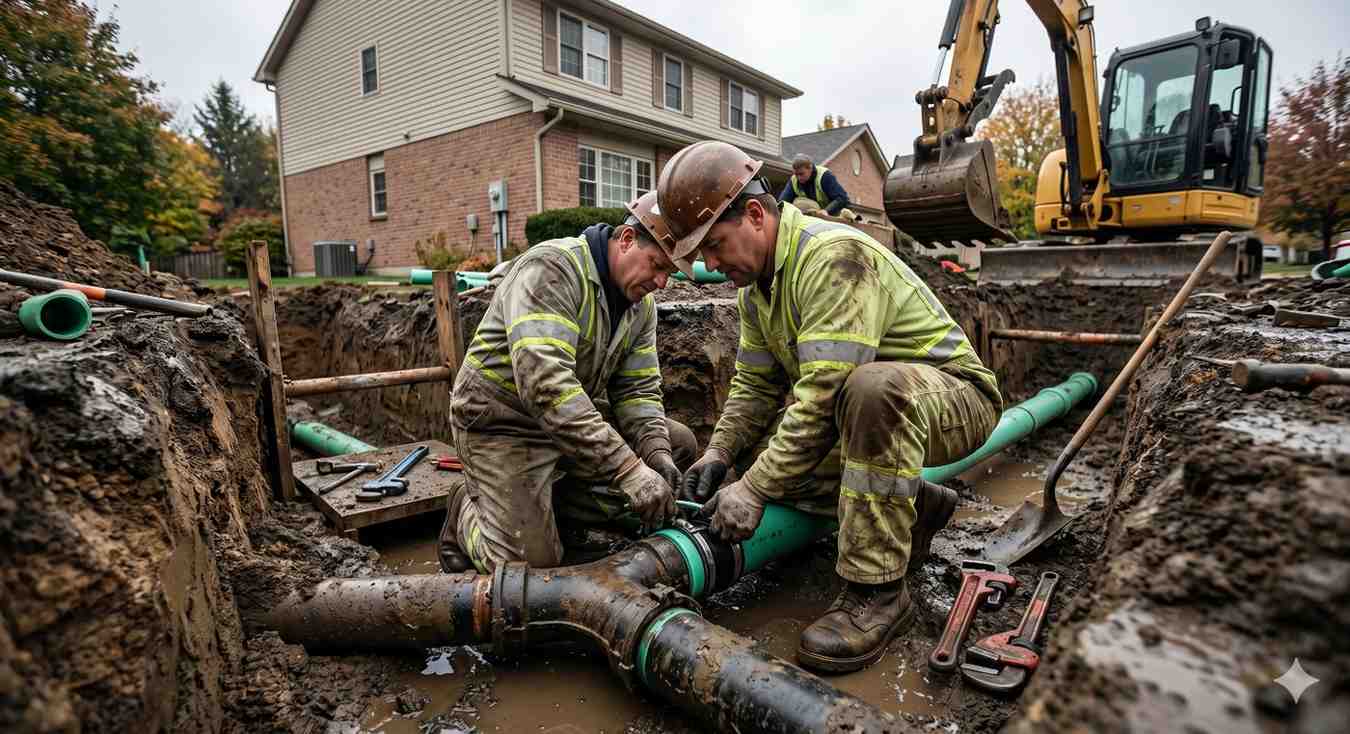 Two utility workers repair underground water or sewer pipes inside a muddy residential trench. Wearing safety gear and hard hats, they connect green piping while an excavator and tools surround the worksite, highlighting infrastructure maintenance, pipeline repair, and municipal construction services in a suburban neighborhood.